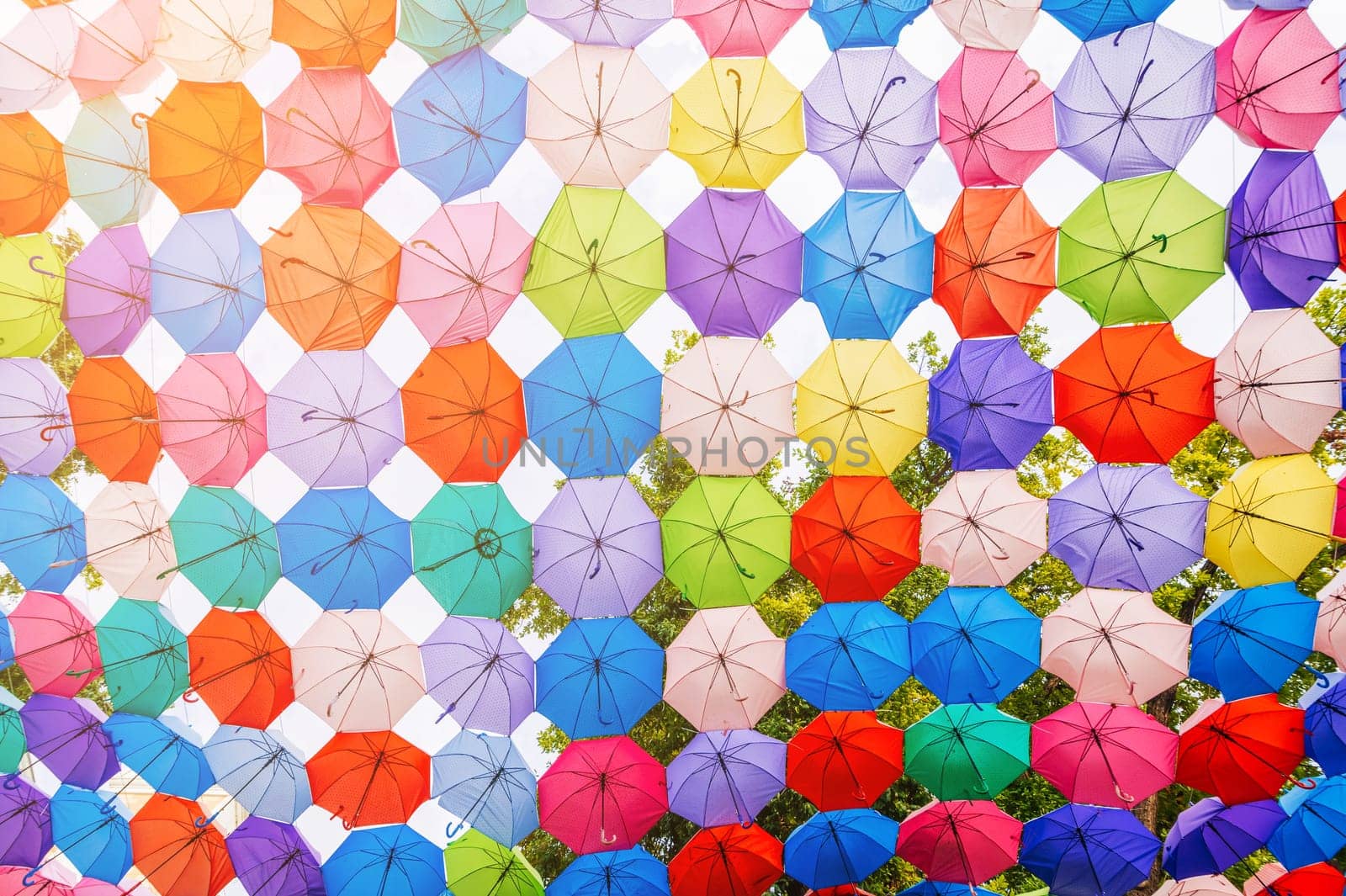 multicolored bright colorful umbrellas decoration on festive street in Tashkent in Uzbekistan