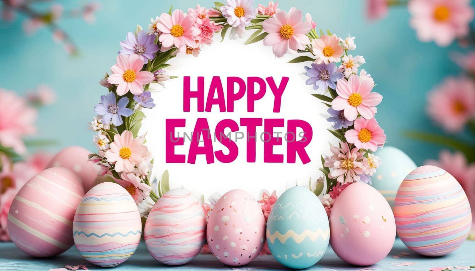 Festive Easter card featuring pastel-colored eggs and a floral wreath around the text Happy Easter on a bright background.