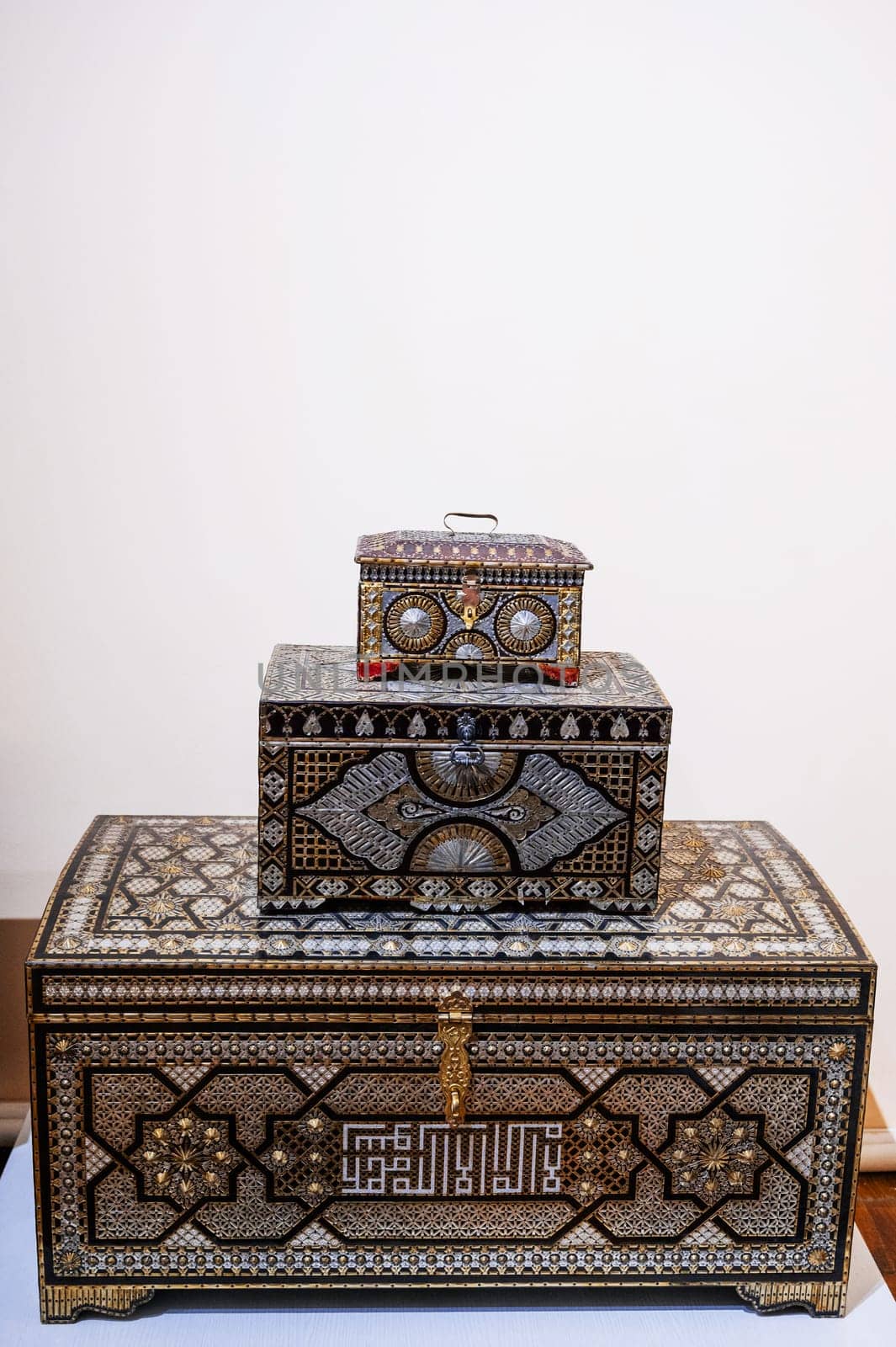 decorative wooden antique vintage chests with metal trim in traditional Uzbek style in Uzbekistan