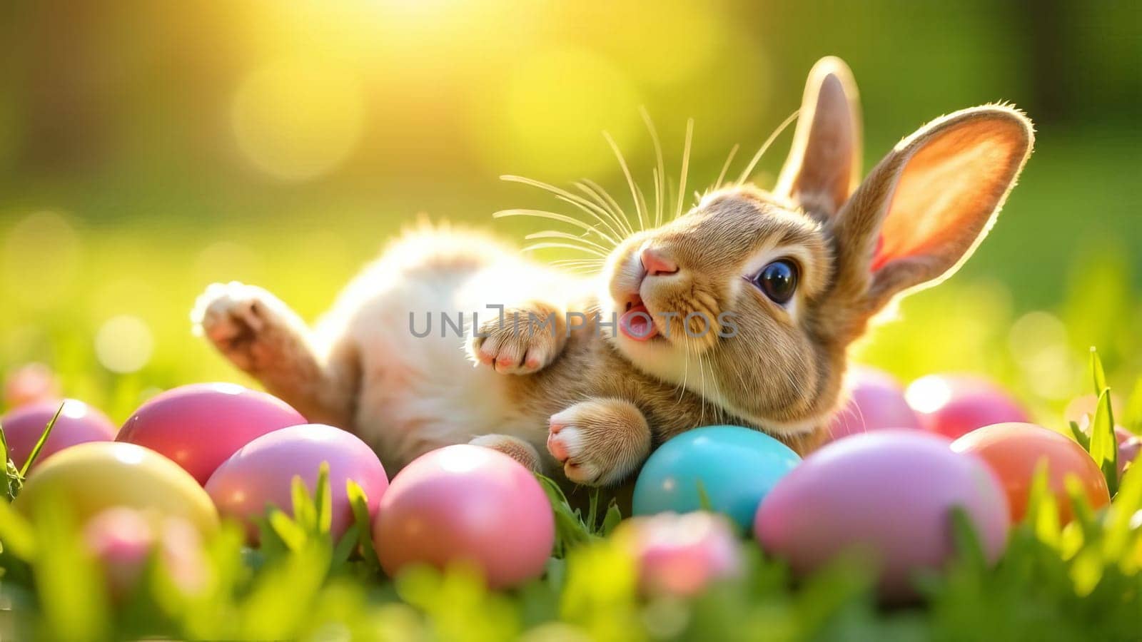 Image of a joyful bunny surrounded by vibrant Easter eggs in a grassy field. The rabbit exhibits an expression of delight and playfulness amidst the eggs. AI generated.