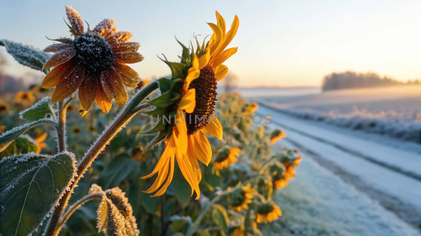 Golden sunflowers stand brightly against a frosty winter landscape, basking in warm sunlight. A quiet dirt path winds through fields, inviting a sense of peace and natural beauty at dawn.