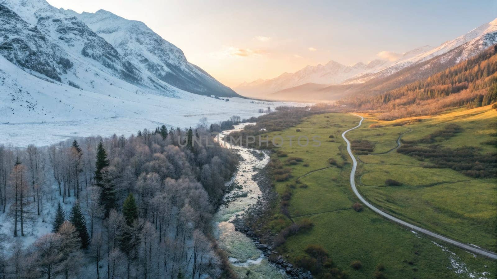 Snow-covered peaks tower over a serene valley as a winding river meanders through thriving greenery.