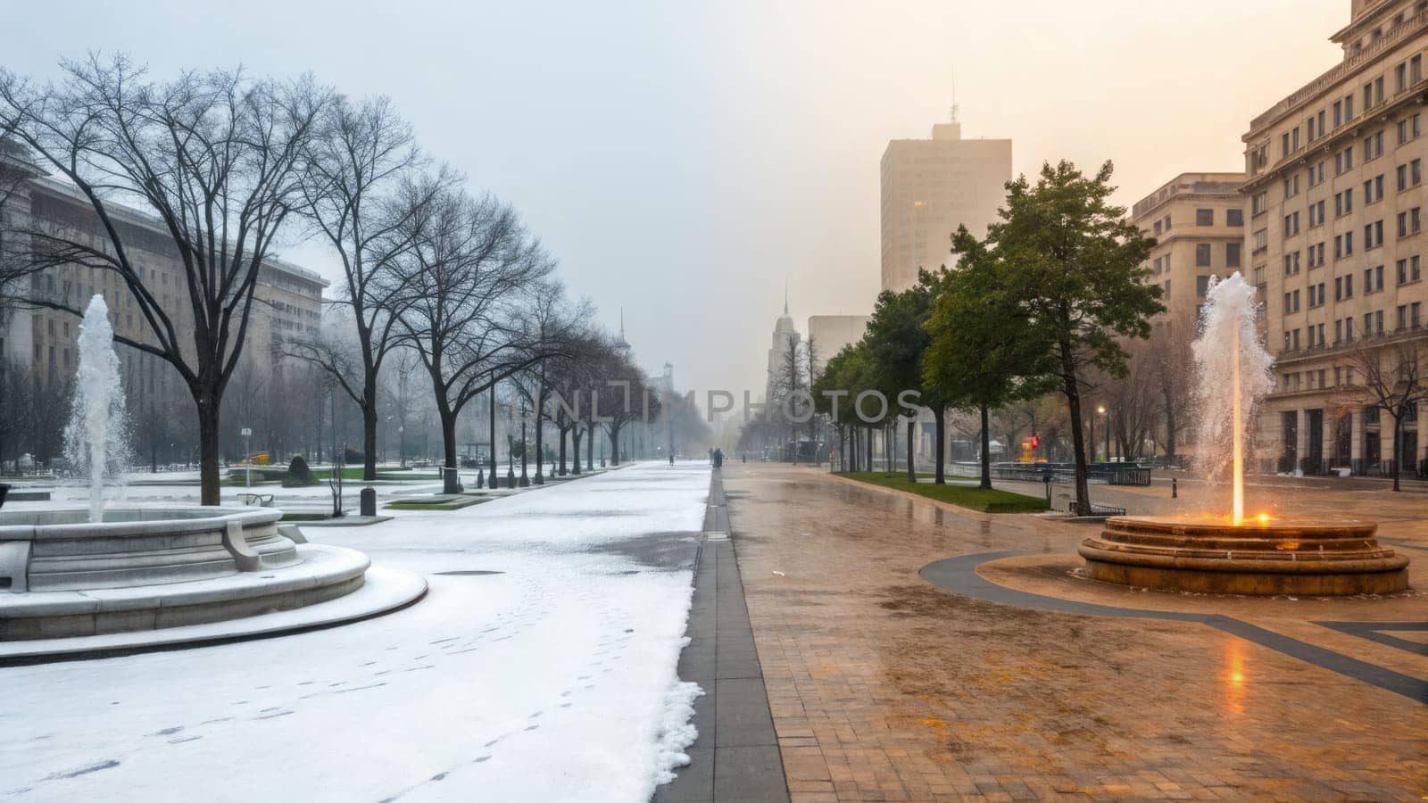 A city square showcases the contrast between winters snowy blanket and the morning glow, where a lone figure walks amidst the elegant trees and fountains, highlighting seasonal change.