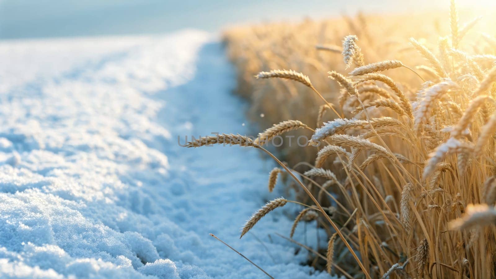 Frost gently blankets a golden wheat field as the sun rises, illuminating the contrasting beauty of winter and the harvest season. Nature showcases its duality in this serene landscape.