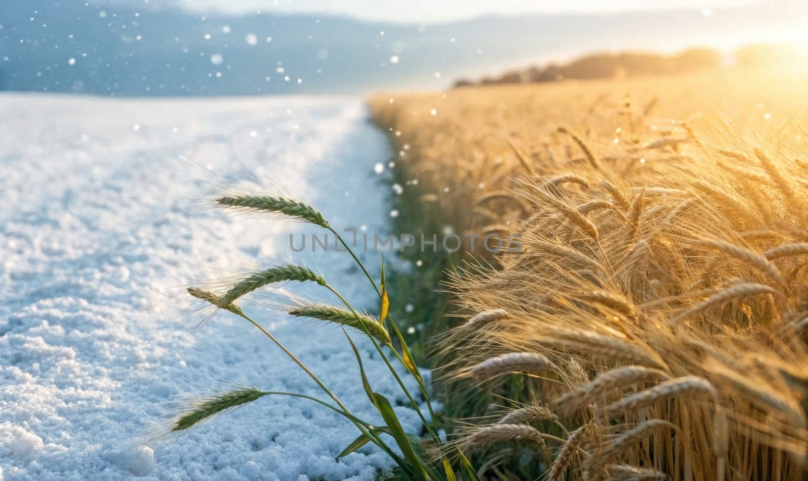 A beautiful transition between two seasons unfolds in a wheat field beside a snowy terrain.