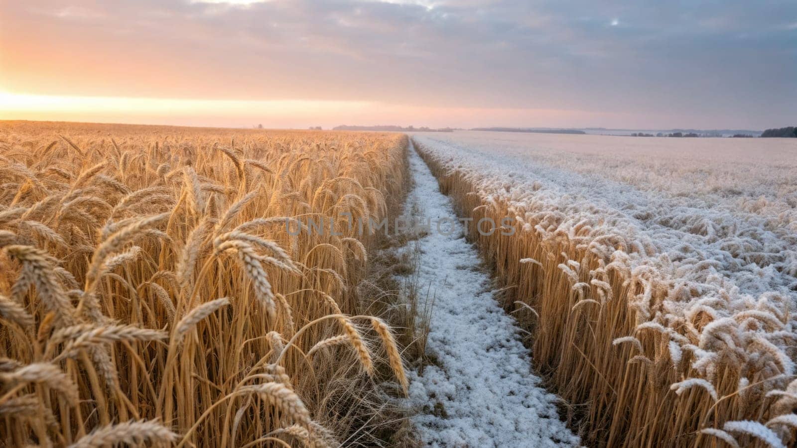 A path runs through a golden wheat field, flanked by frost-covered stalks as the morning sun rises. The landscape showcases the transition from autumn to winter, highlighting natures beauty.