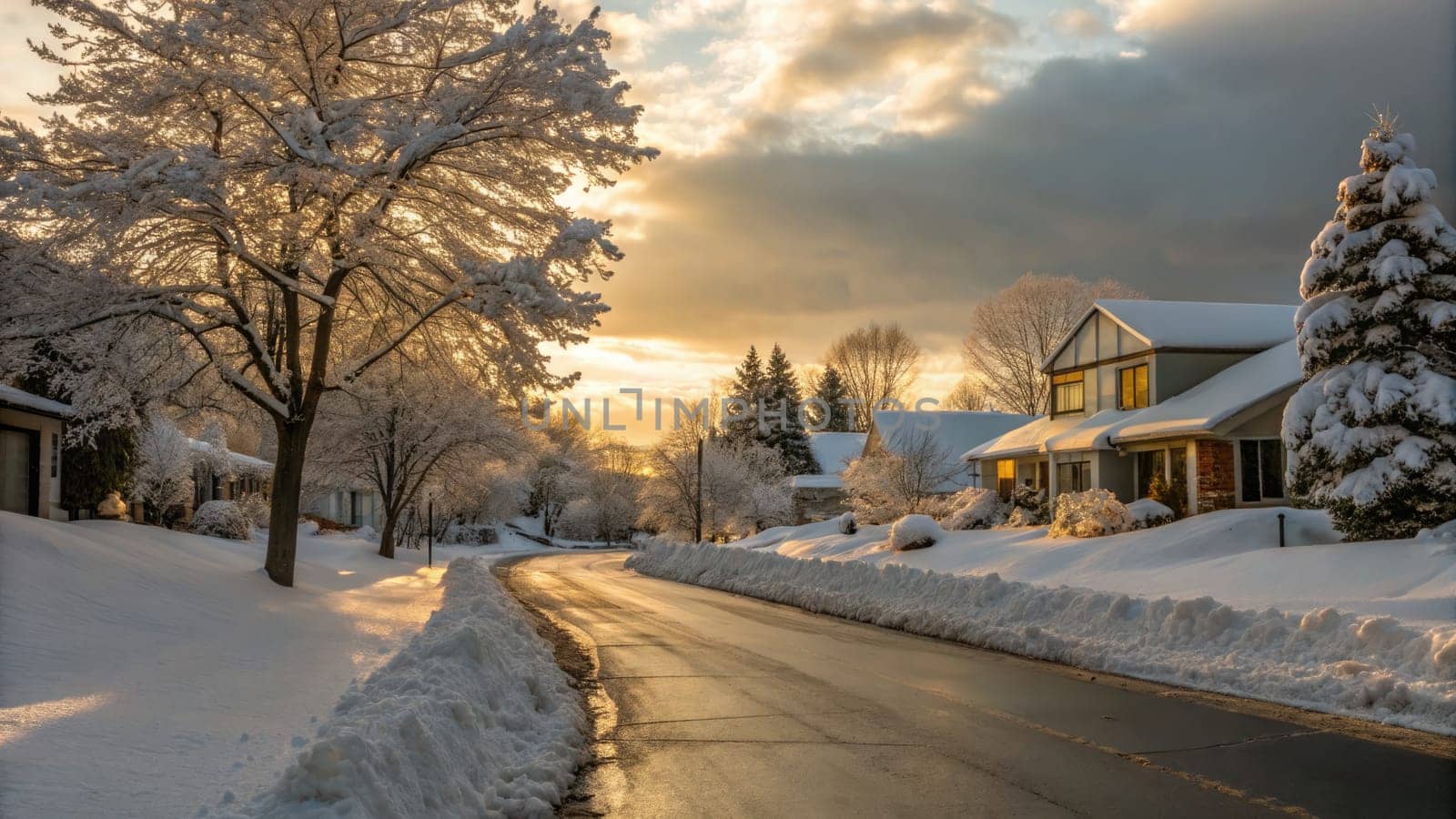 A peaceful suburban street dusted with fresh snow showcases a breathtaking sunset. Golden rays pierce through clouds, casting a warm glow over the glistening frost and quaint homes.