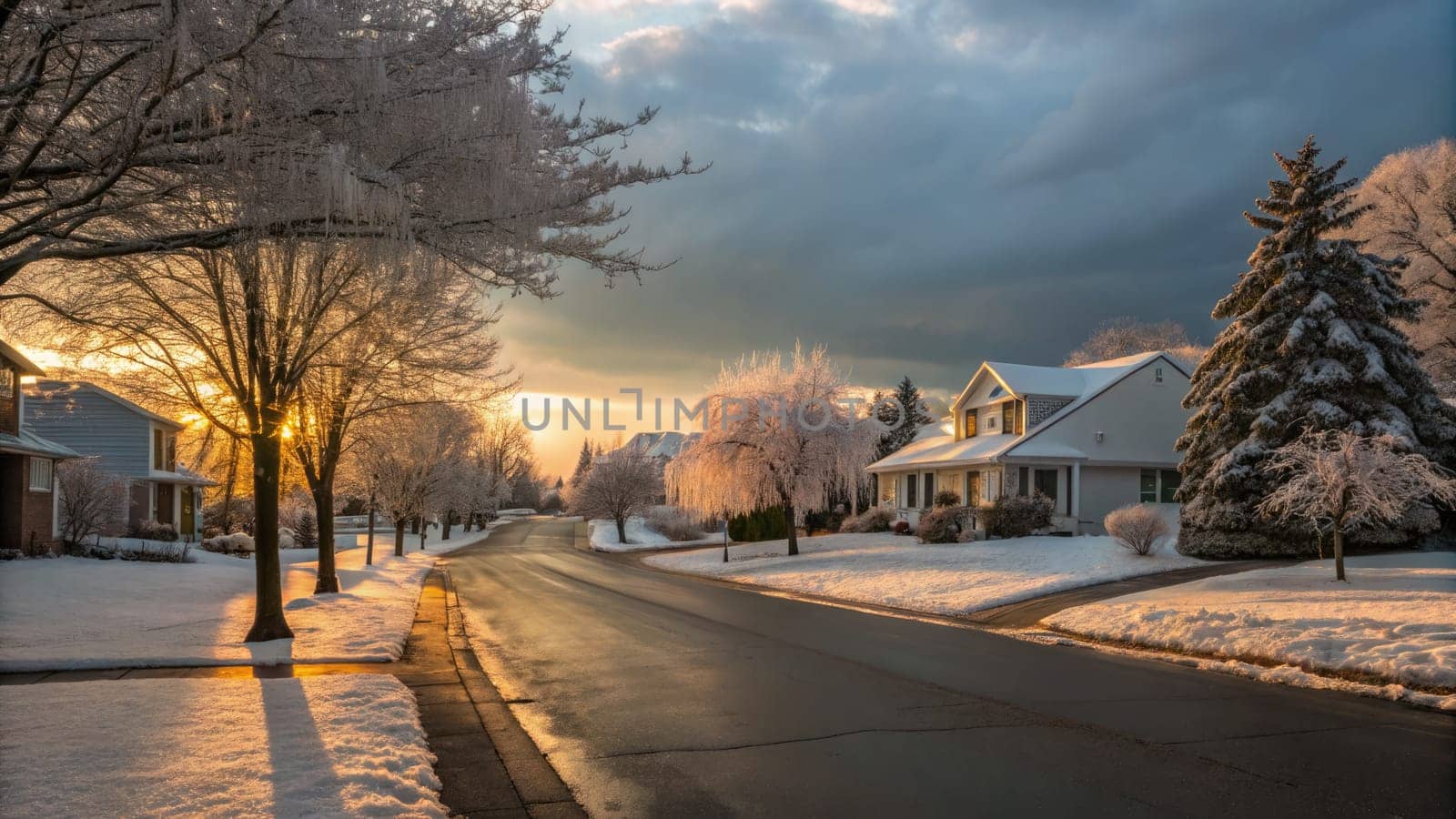 A serene neighborhood basks in the warm glow of a setting sun, illuminating frosty trees and snow-covered streets. The tranquil atmosphere invites peaceful strolls along the empty road.