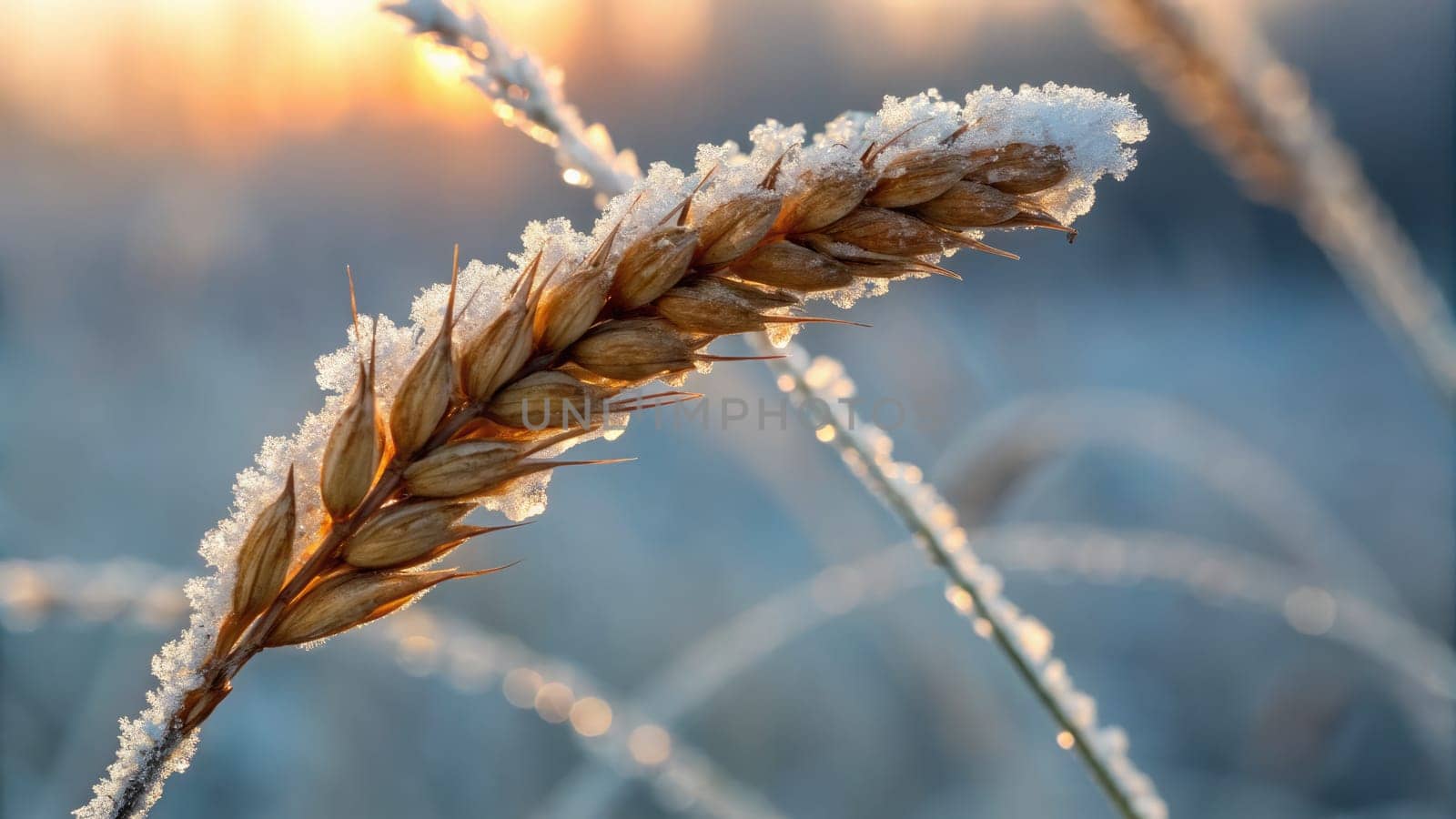 Dewy frost blankets a golden wheat spike as the sun rises, casting a warm glow over a tranquil winter landscape. Nature awakens in serene beauty as cold temperatures linger.