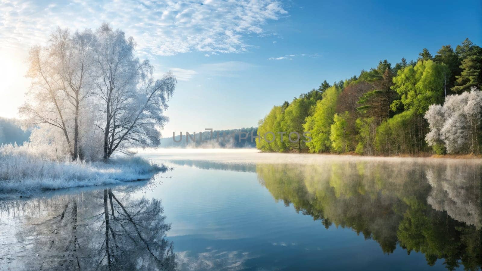 A serene river reflects the stunning contrast of winters icy trees on one side and springs vibrant greens on the other. Mist hovers above the water, capturing the tranquil beauty of nature.