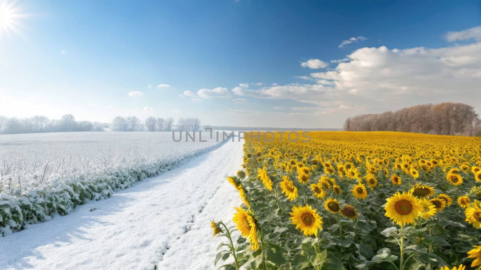 Vibrant sunflowers bloom under a clear sky, while the other side is cloaked in snow. This striking scene captures the beauty of natures seasonal changes and contrasts.