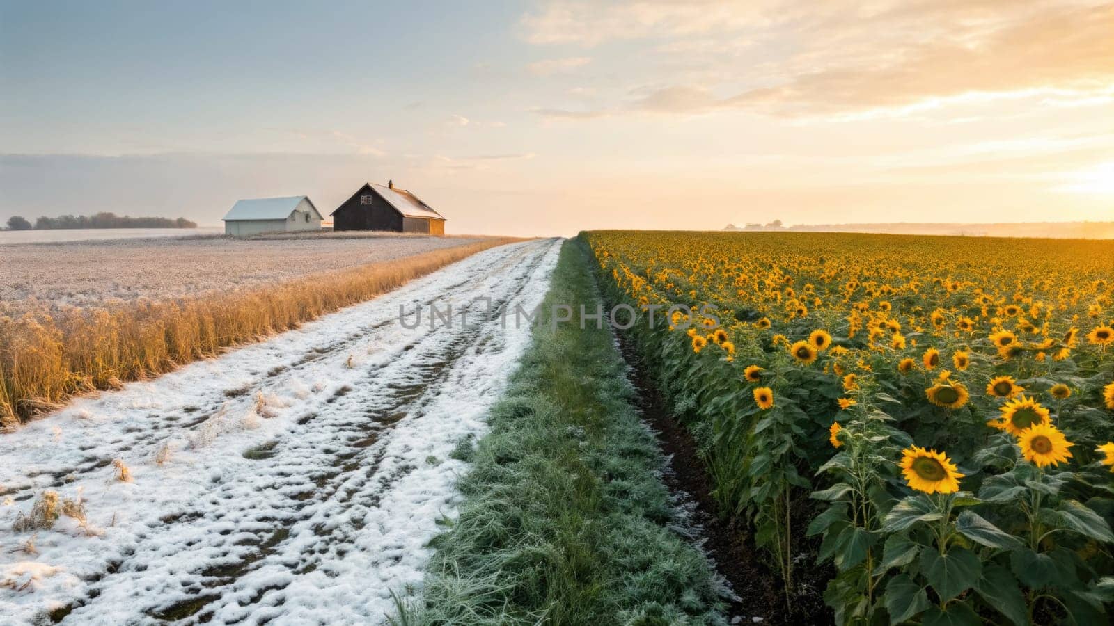 A breathtaking view of a rural farm showcasing the contrast of winter and summer. One side is blanketed in fresh snow, while vibrant sunflowers bask in warm sunlight on the other.