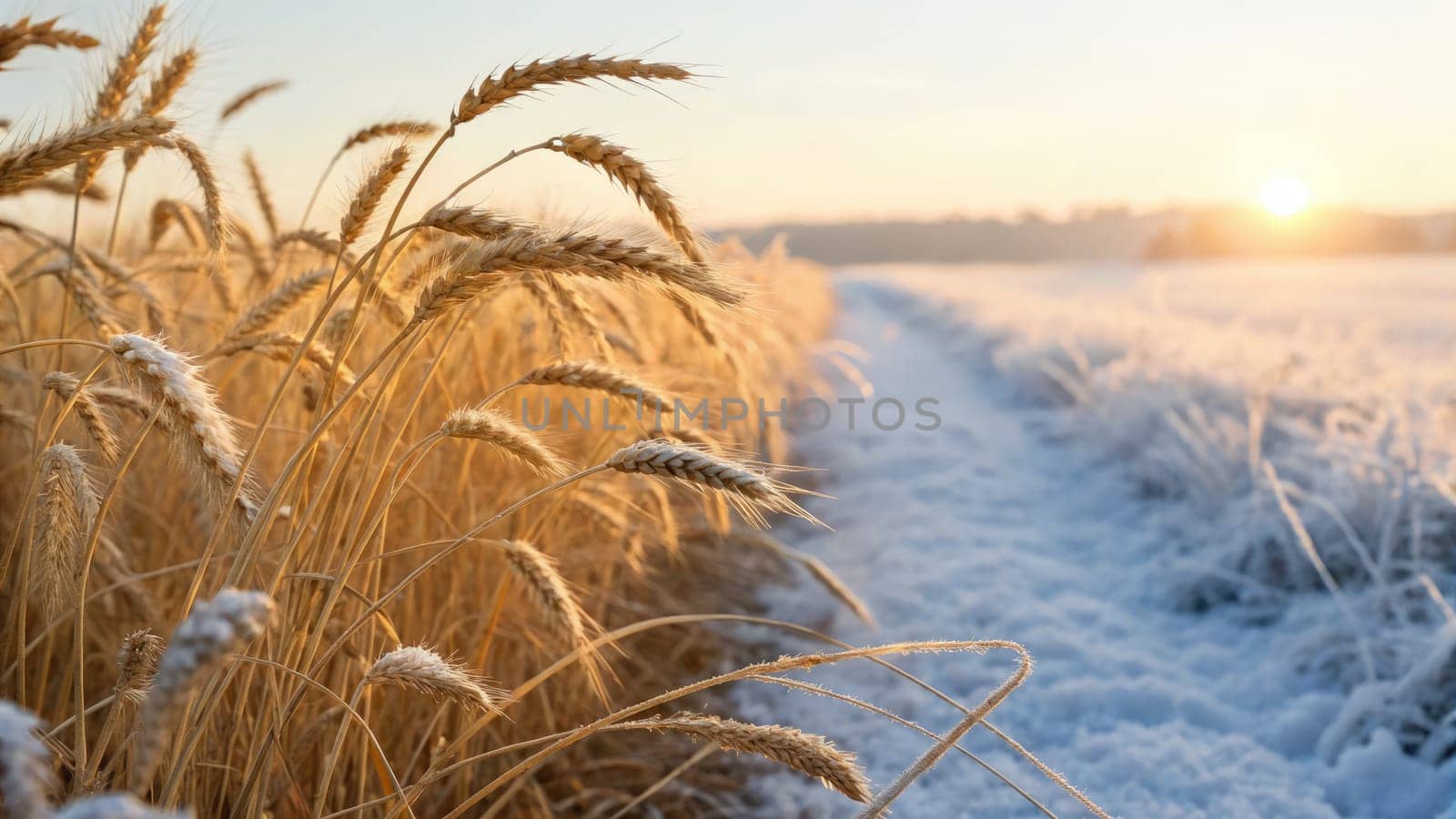 Glimmering wheat stalks stand tall amidst a blanket of frost. The golden hues catch the soft sunlight, creating a serene winter landscape.