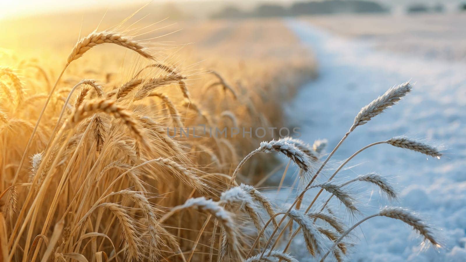 Golden wheat fields glimmer in the early morning light, edged by snow-covered ground. The scene captures the transition of seasons, highlighting natures beauty and resilience.