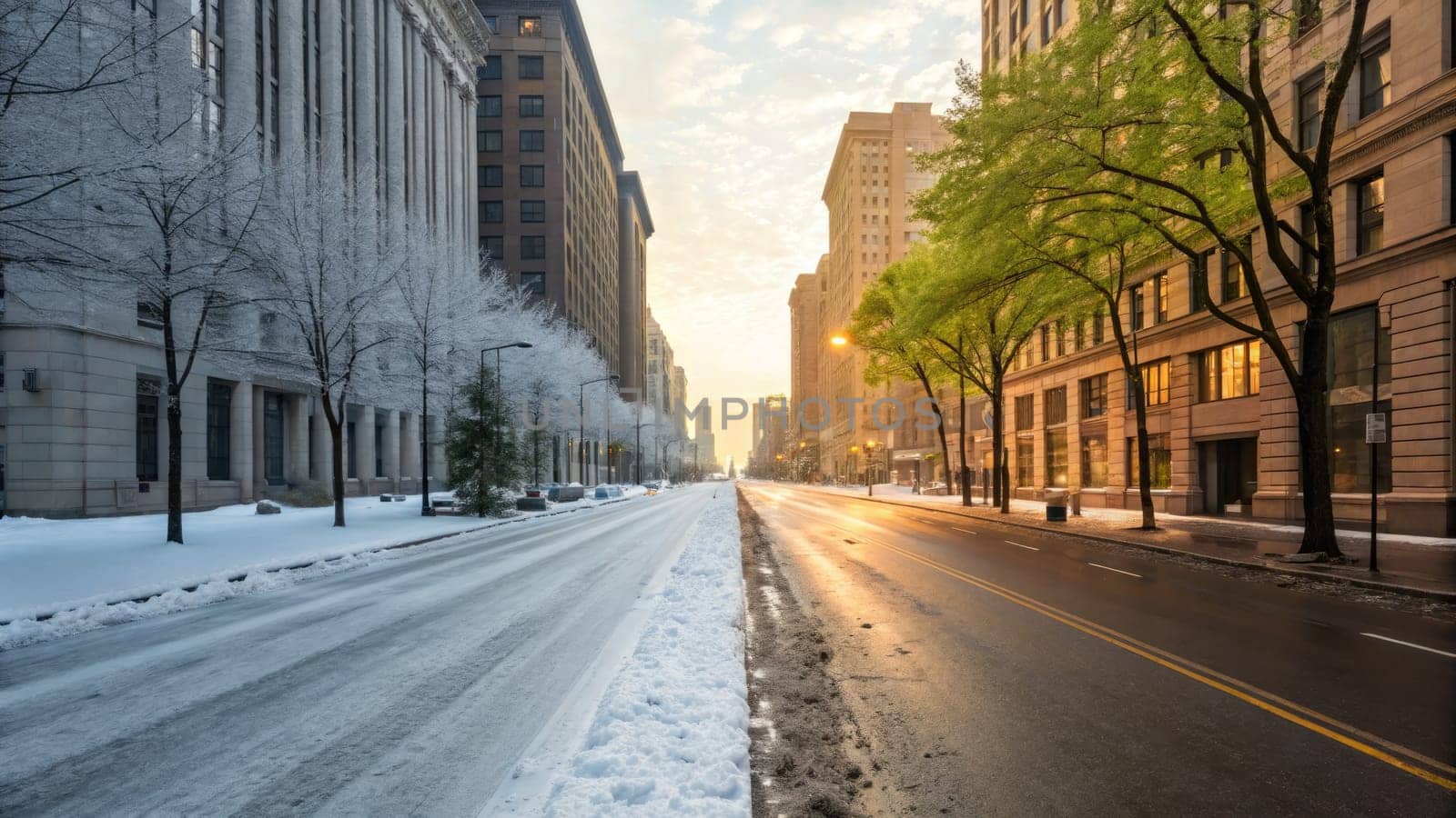 A quiet city street awakens to a crisp winter morning, where one side is cloaked in pristine snow while the other basks in golden sunlight. The contrast creates a peaceful atmosphere.