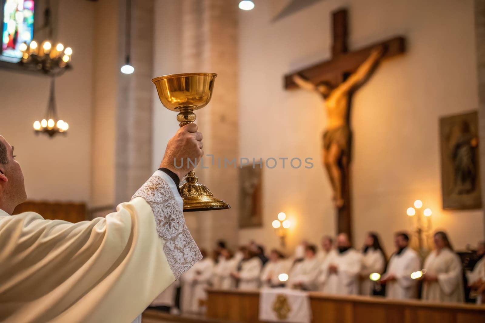 During Easter celebration, a priest elevates a golden chalice in a serene church, surrounded by clergy members in white robes. The ambiance is filled with reverence and faith as worshippers gather.