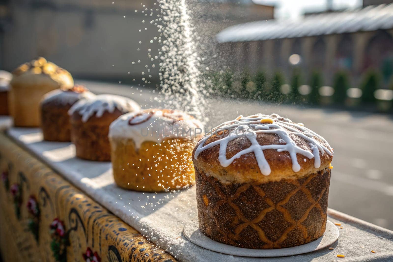 Colorful sweet breads are arranged neatly on a table, glistening with sugar coating while the sun bathes them in warm light.