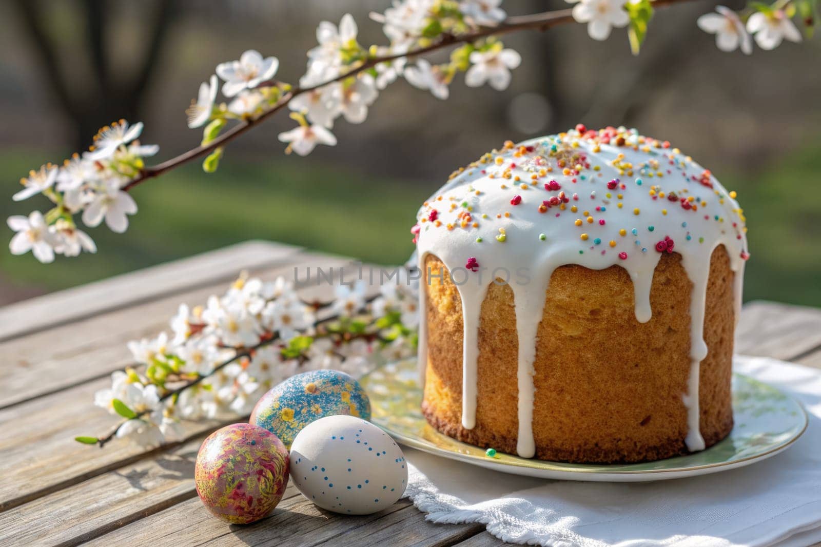 A beautifully prepared cake with white icing and colorful sprinkles sits on a plate, surrounded by decorative Easter eggs.
