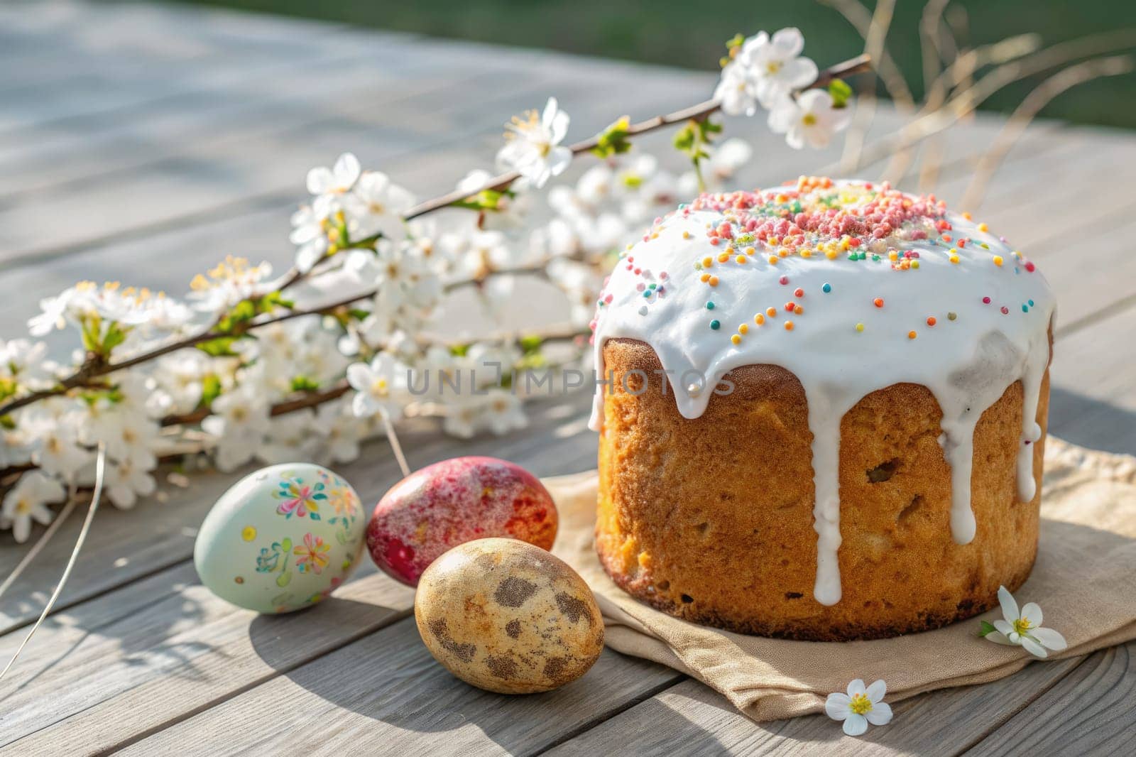 Festive Easter cake topped with white icing and sprinkles sits beside vibrant decorated eggs on a wooden table. Blossoming branches enhance the joyful spring atmosphere.