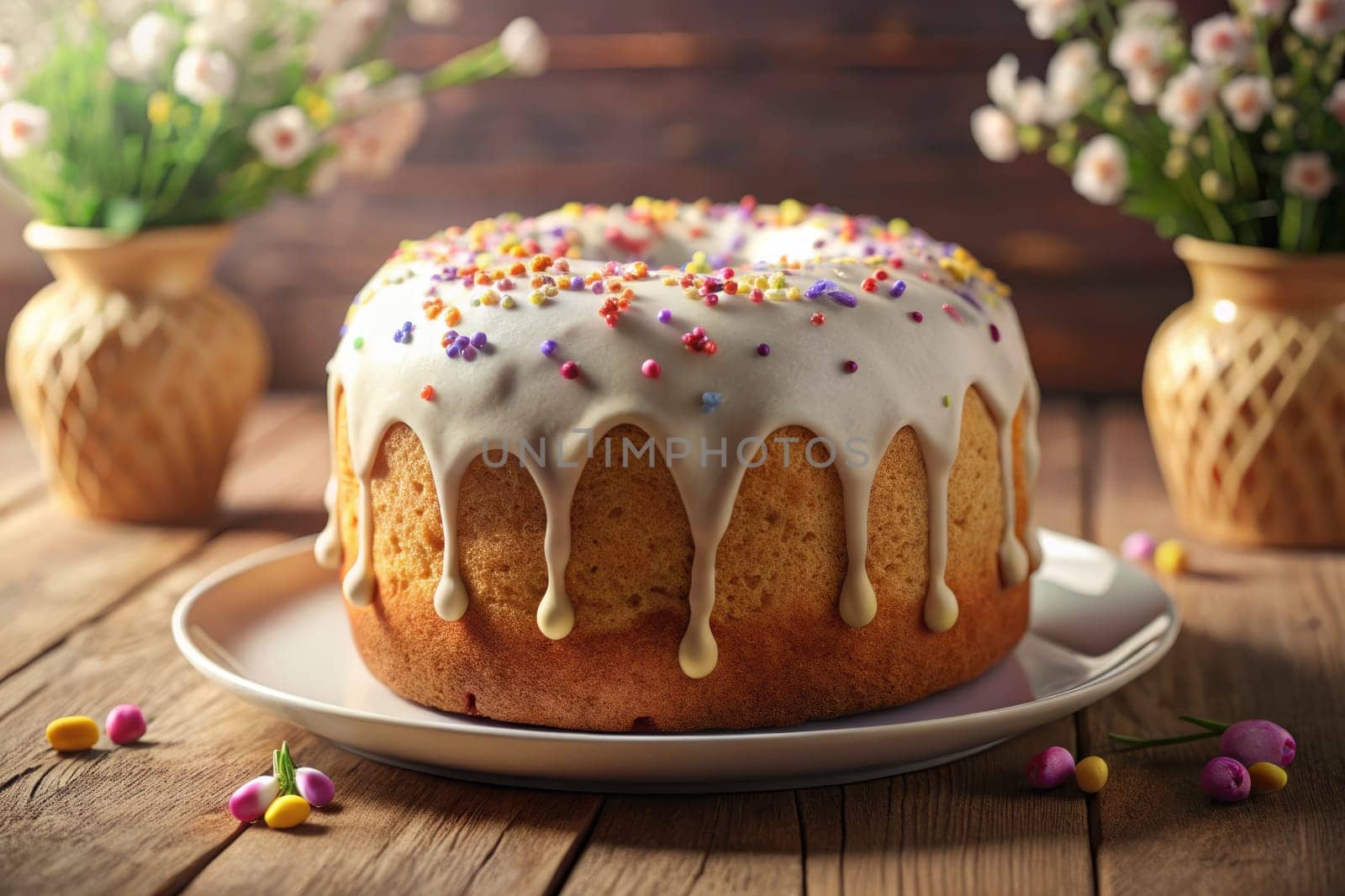 A beautifully baked cake topped with creamy icing and vibrant sprinkles rests on a rustic wooden table, surrounded by delicate flowers in charming pots, evoking the spirit of Easter celebrations.