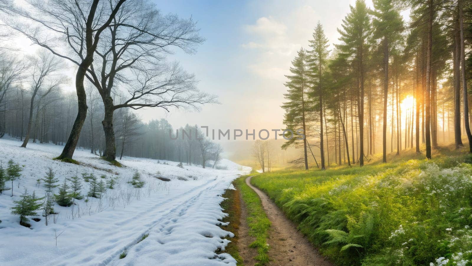 A tranquil view showcases the shift from winter to summer, with snow melting on one side and vibrant green foliage on the other. Sunlight filters through trees, highlighting the beauty of nature.