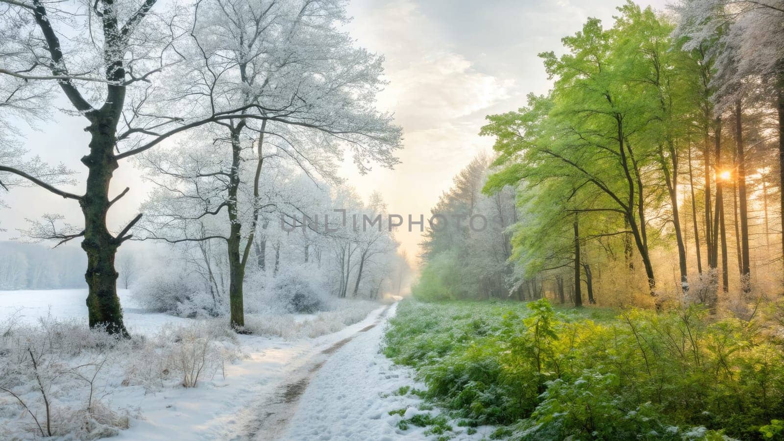 A path winds through a forest where snow covers one side and blooming greenery stands on the other. The soft light of dawn casts a warm glow over the contrasting landscapes.