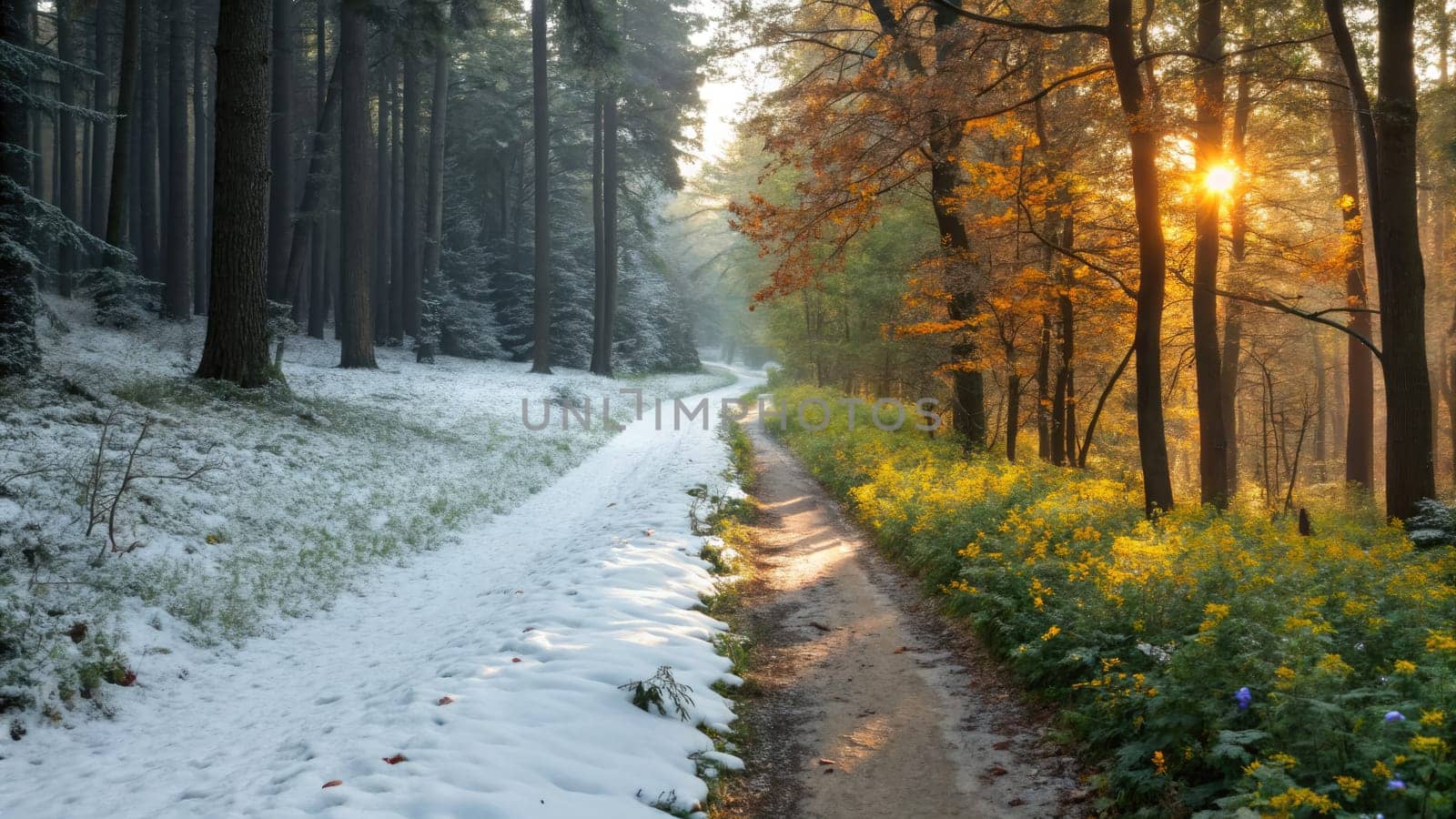 In a forest, a winding path showcases the contrast between winter and summer. Fresh snow covers one side, while bright flowers bloom under the warm sunlight on the other side.