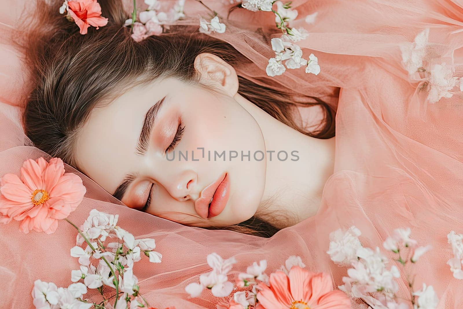 A romantic brunette lies peacefully on a soft fabric surface, surrounded by vibrant flowers. Her eyes are closed, embodying a serene moment of relaxation. The gentle folds of the fabric and the soft colors of the blossoms create an atmosphere of calm and tranquility. This scene invites a sense of reflection and harmony, emphasizing the beauty of natural elements combined with simplicity in design.
