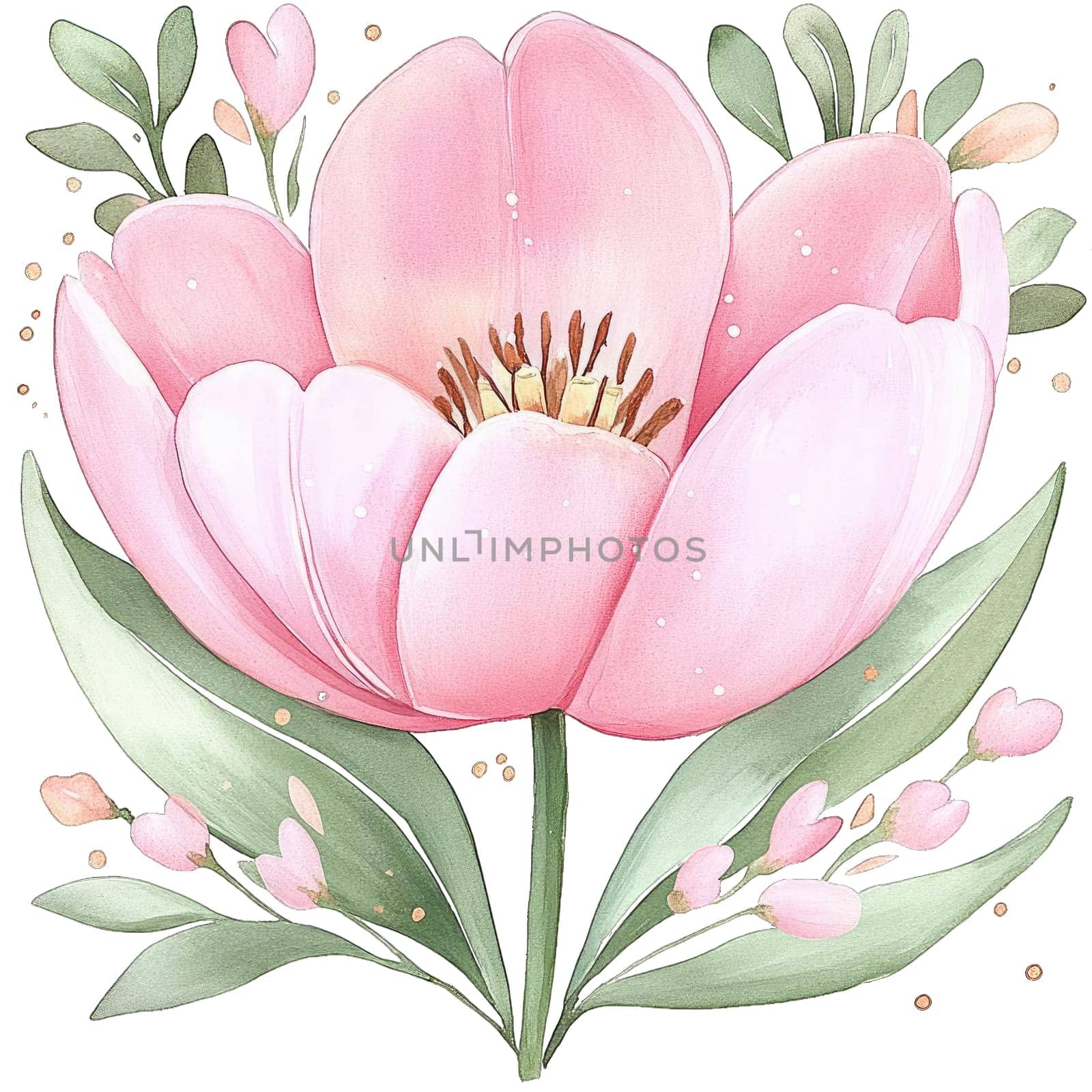 A stunning illustration features a large pink peony flower in full bloom, showcasing its soft petals and intricate details. Surrounding the flower are delicate green leaves and smaller pink floral accents, creating a harmonious and vibrant composition. This artwork radiates beauty and elegance, making it perfect for decorating spaces or as an element in various design projects. The soft color palette contributes to a fresh and calming atmosphere.