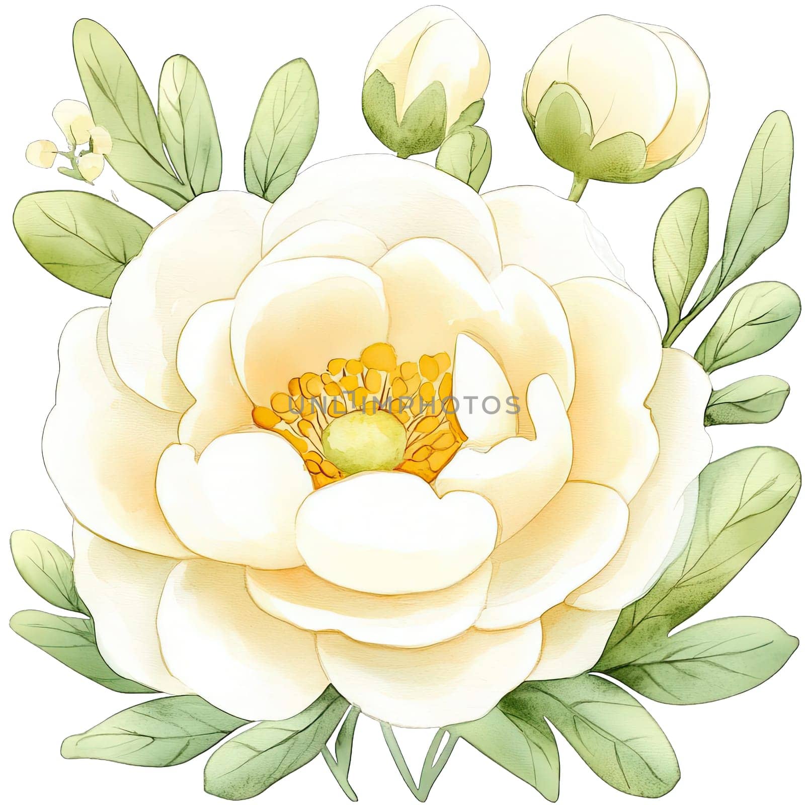 A stunning illustration showcases a white peony flower in full bloom, surrounded by lush green leaves and delicate buds. The intricate details highlight the soft petals and vibrant center of the flower, presenting a sense of freshness and elegance. This artwork captures the essence of a peaceful garden, inviting viewers to appreciate the beauty of nature and the delicate balance of colors and textures within the floral arrangement.