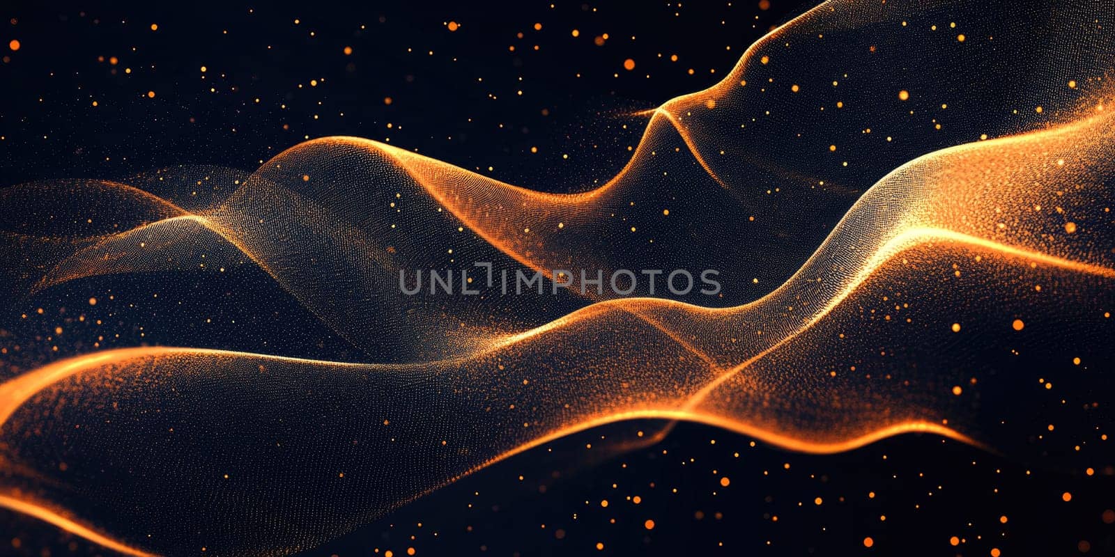 This elegant abstract background showcases smooth lines that flow gracefully across a dark canvas. Scattered golden dust particles glimmer softly, creating a luxurious and sophisticated atmosphere. The interplay of light and shadow enhances the minimalist aesthetic, drawing the viewer into a world of refined beauty. The overall composition embodies a sense of modern elegance, perfect for artistic and design projects.