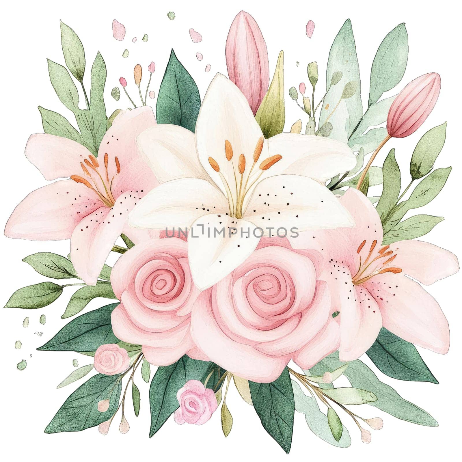 A stunning composition features delicate pink roses intertwined with elegant white lilies, surrounded by lush green leaves. This arrangement highlights the harmonious blend of colors and shapes, showcasing the beauty of nature. Soft pink hues of the roses contrast beautifully with the pristine white of the lilies, creating a perfect centerpiece for any occasion. The presence of small buds and leaves adds depth, enhancing the visual appeal of this floral display.