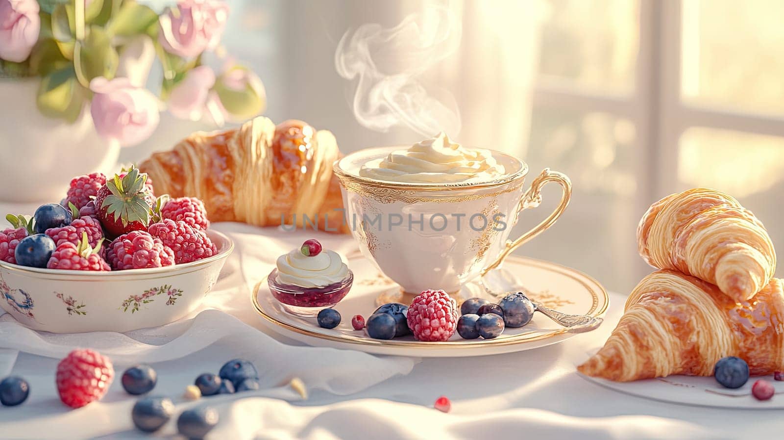 This beautifully arranged breakfast features golden, flaky croissants with delicate layers, showcasing the essence of Parisian cuisine. A steaming cup of rich coffee sits in a handmade ceramic cup, adding warmth to the setting. Next to it, a charming bowl holds a mix of fresh berries, including raspberries and blueberries, enhancing the vibrant colors and flavors. Sunlight filters through, creating a cozy atmosphere perfect for a leisurely morning.