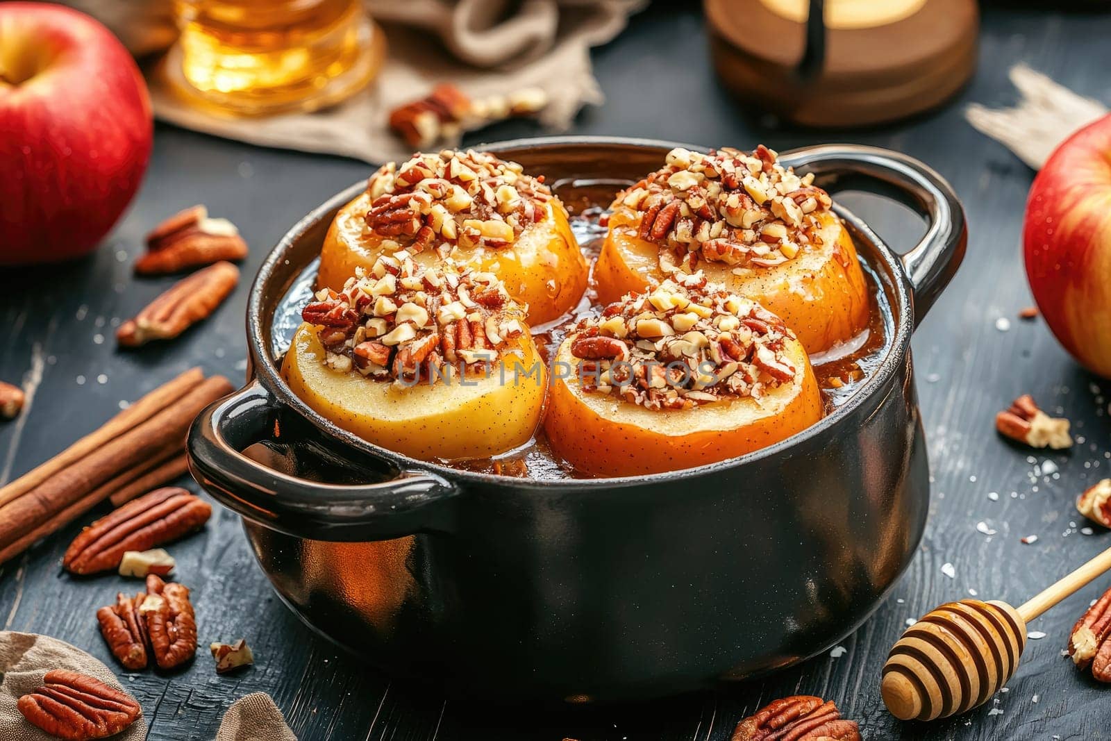 A deep, enameled Dutch oven is filled with rustic baked apples, their golden-red skins slightly cracked to reveal a spiced filling of pecans and cinnamon. Bubbling caramelized juices surround the apples, offering a warm, inviting atmosphere. Scattered pecans, cinnamon sticks, and a vintage honey dipper complement the scene on a dark wooden table. The soft shadows in the background evoke a sense of nostalgia and warmth, perfect for a cozy gathering.