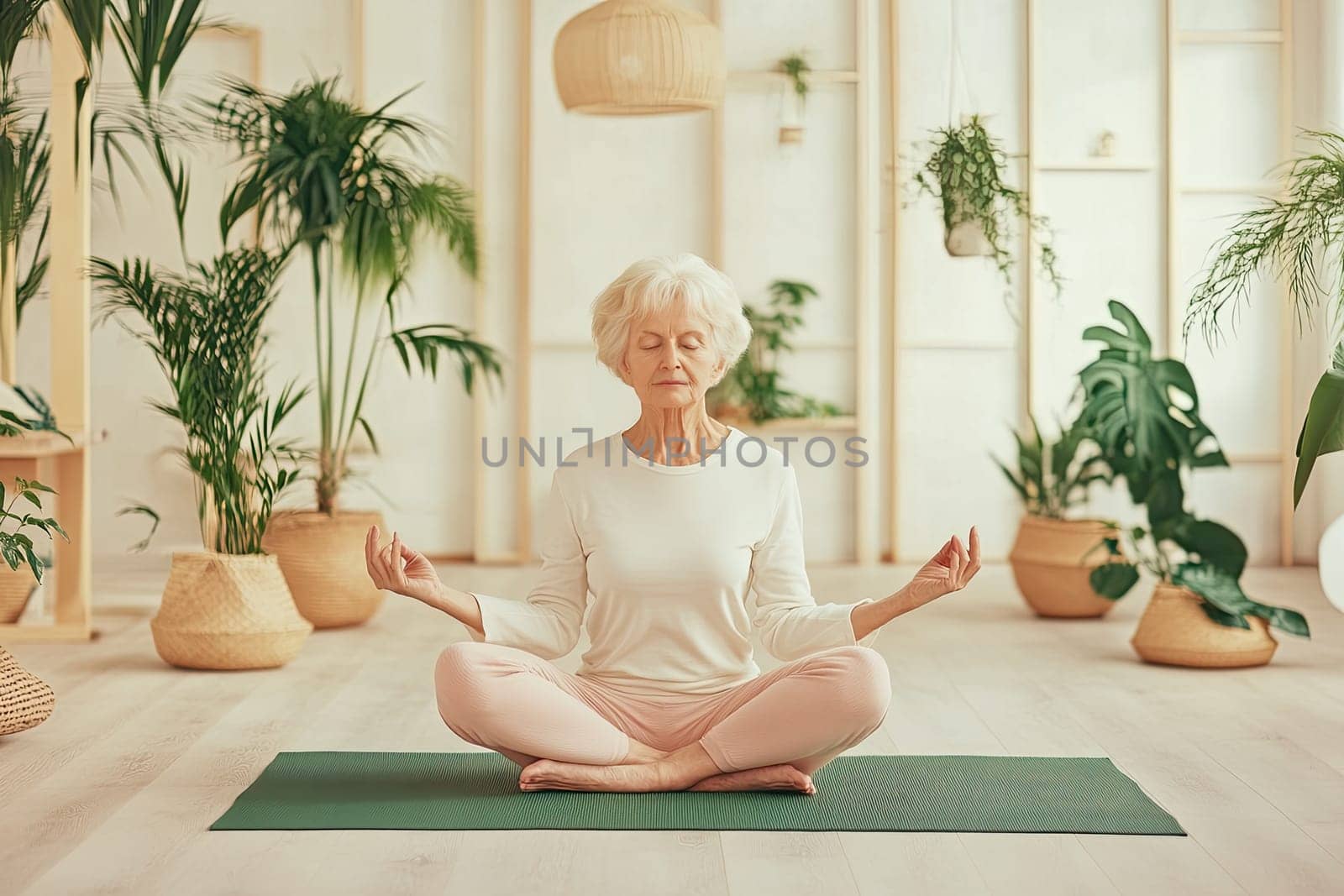 An elderly blonde woman sits cross-legged on a green yoga mat, immersed in meditation within a bright and minimalistic room. With her eyes gently closed, she cultivates a sense of inner peace and tranquility. The clean interior features wooden flooring and is adorned with a few lush plants that enhance the serene atmosphere. This moment captures the essence of mindfulness and wellness, showcasing the importance of self-care and reflection in a calming setting.
