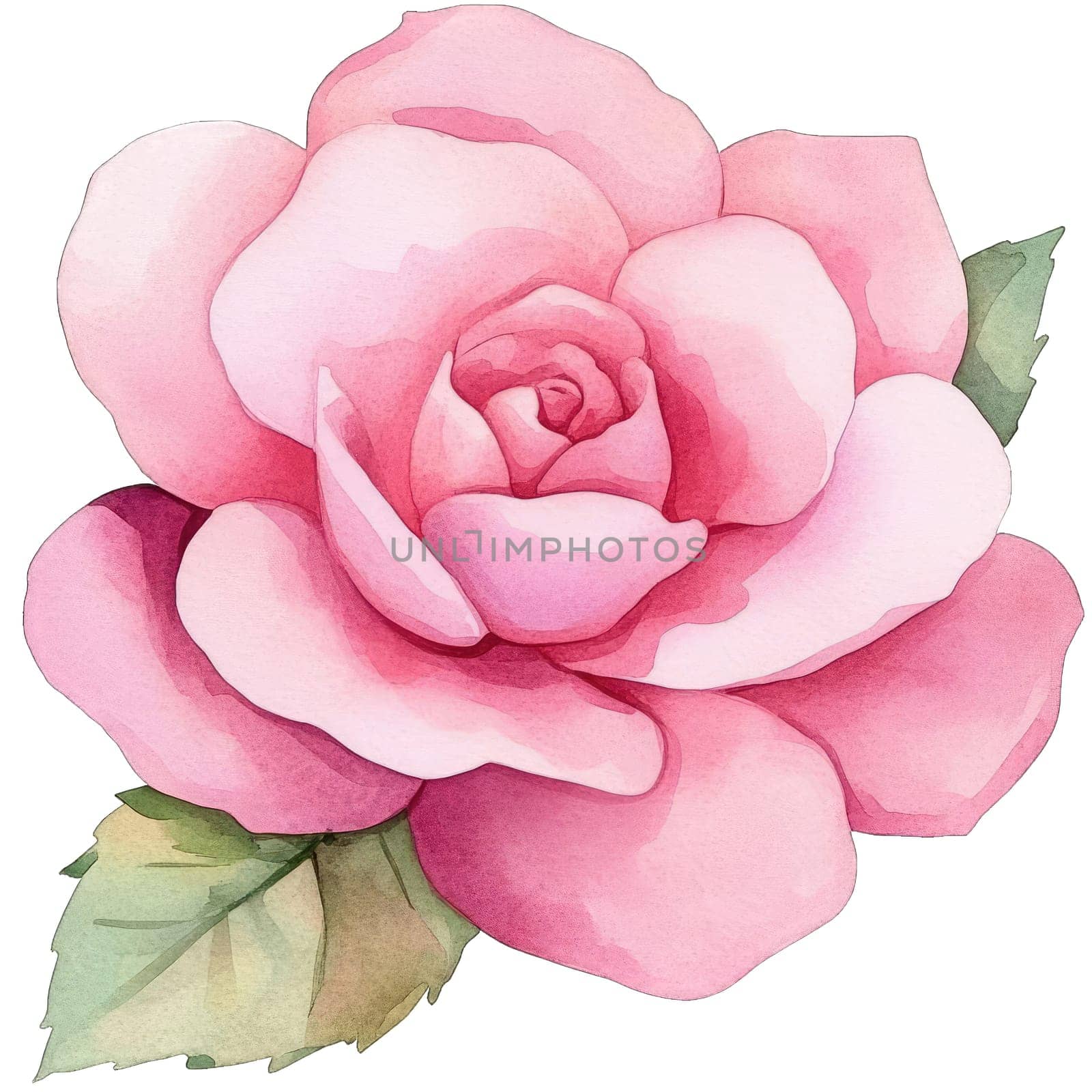 A stunning pink rose blooms fully, showcasing its soft, delicate petals that transition from light to deep pink. The flower's petals appear almost translucent, giving it a gentle and inviting look. Surrounding the blossom are a few green leaves, providing a natural contrast. The artistic style reflects a watercolor technique, enhancing the flower's elegance and charm, making it suitable for various decorative purposes or celebrations.