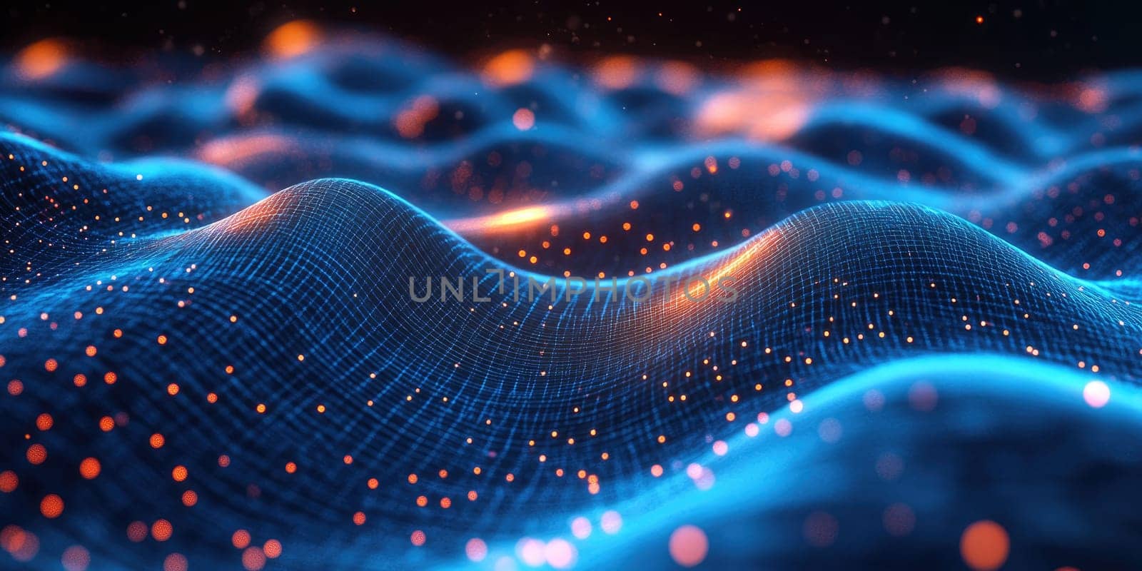 This high-tech abstract background features intricate glowing wireframe structures interwoven with deep blue hues and vibrant neon accents. The design showcases a digital grid effect that creates a sleek and modern atmosphere. Lines flow seamlessly, forming a dynamic texture that conveys movement and energy. The overall aesthetic resonates with a futuristic theme, perfect for technology or digital art applications.