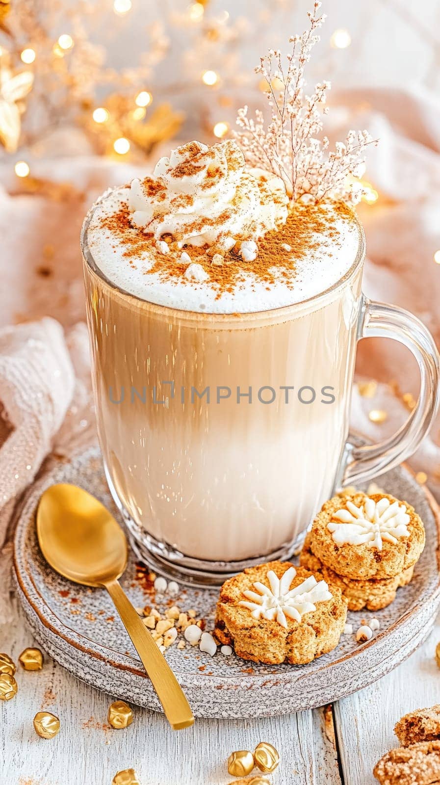 This beautifully presented latte features a rich, golden crema and is delicately dusted with cinnamon on top. Served in a sleek glass cup on a handmade ceramic saucer, the warm tones of the coffee are highlighted by soft natural light. A golden spoon rests beside the cup, accompanied by a small biscotti. The rustic wooden table adds charm, while the softly lit cafe background enhances the inviting atmosphere of the scene.