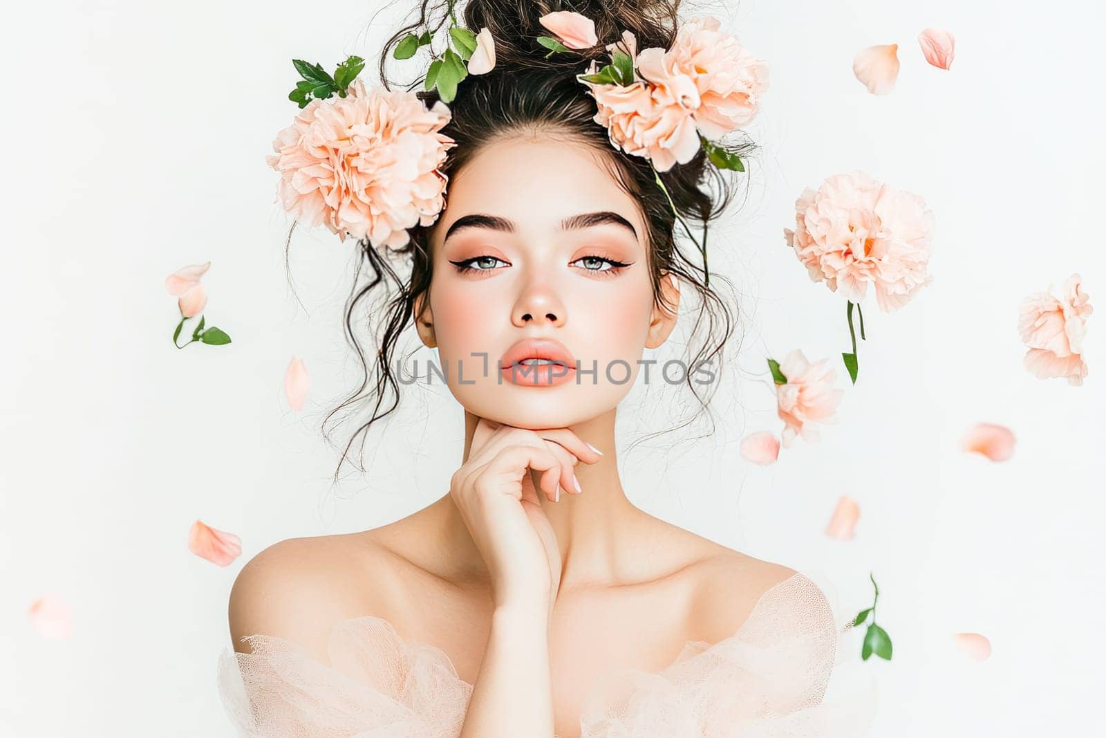 A romantic brunette leans slightly forward, resting her chin on her hand while adorned with delicate flowers in her hair. Surrounding her are scattered petals that enhance the softness of the moment. Her gentle expression and the graceful folds of her dress contribute to the overall poetic and minimalistic feel, inviting viewers to appreciate the beauty of simplicity and nature. This serene ambiance evokes feelings of calm and romance.