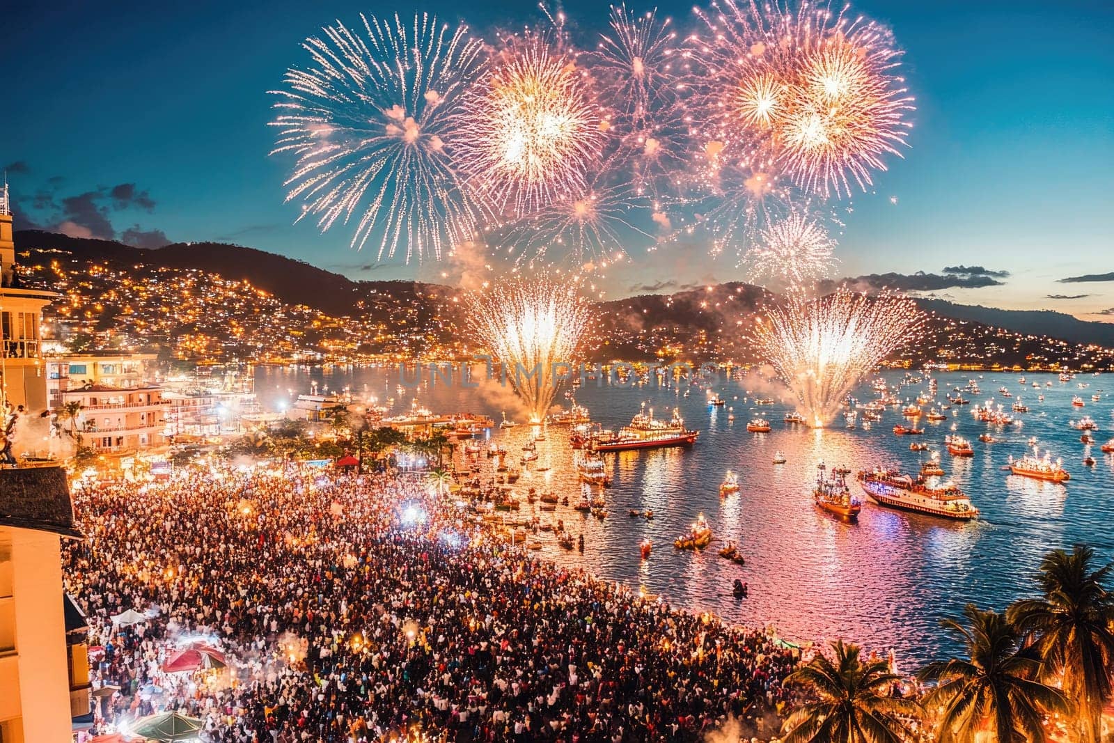 Crowds gather along the waterfront in Freetown, celebrating with excitement as vibrant fireworks burst overhead. The colorful explosions light up the night sky, reflecting off the water and creating a festive atmosphere. People cheer and laugh, sharing in the joy of the moment, while boats in the harbor add to the lively scene. The overall ambiance is filled with energy and happiness, making this a memorable celebration by the sea.