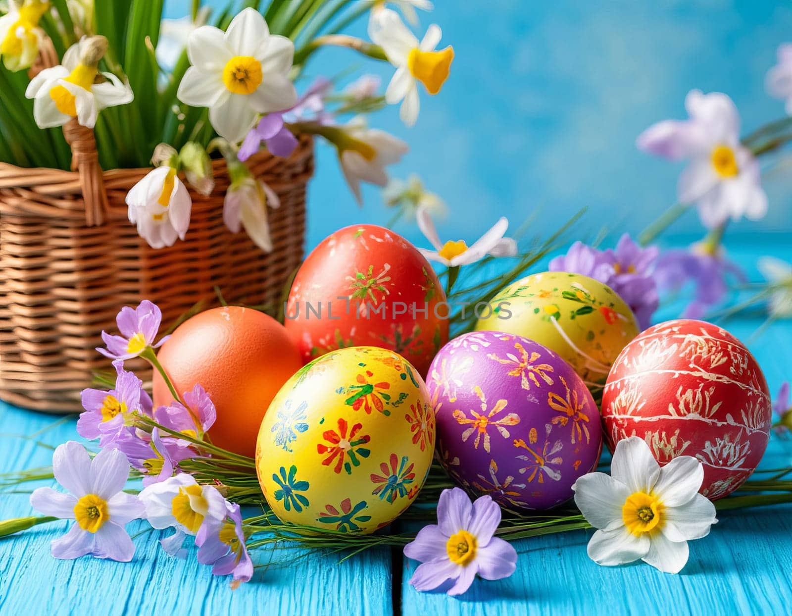 Decorated Easter eggs in a wicker basket surrounded by colorful spring flowers. The festive spirit and joy of the Easter season.