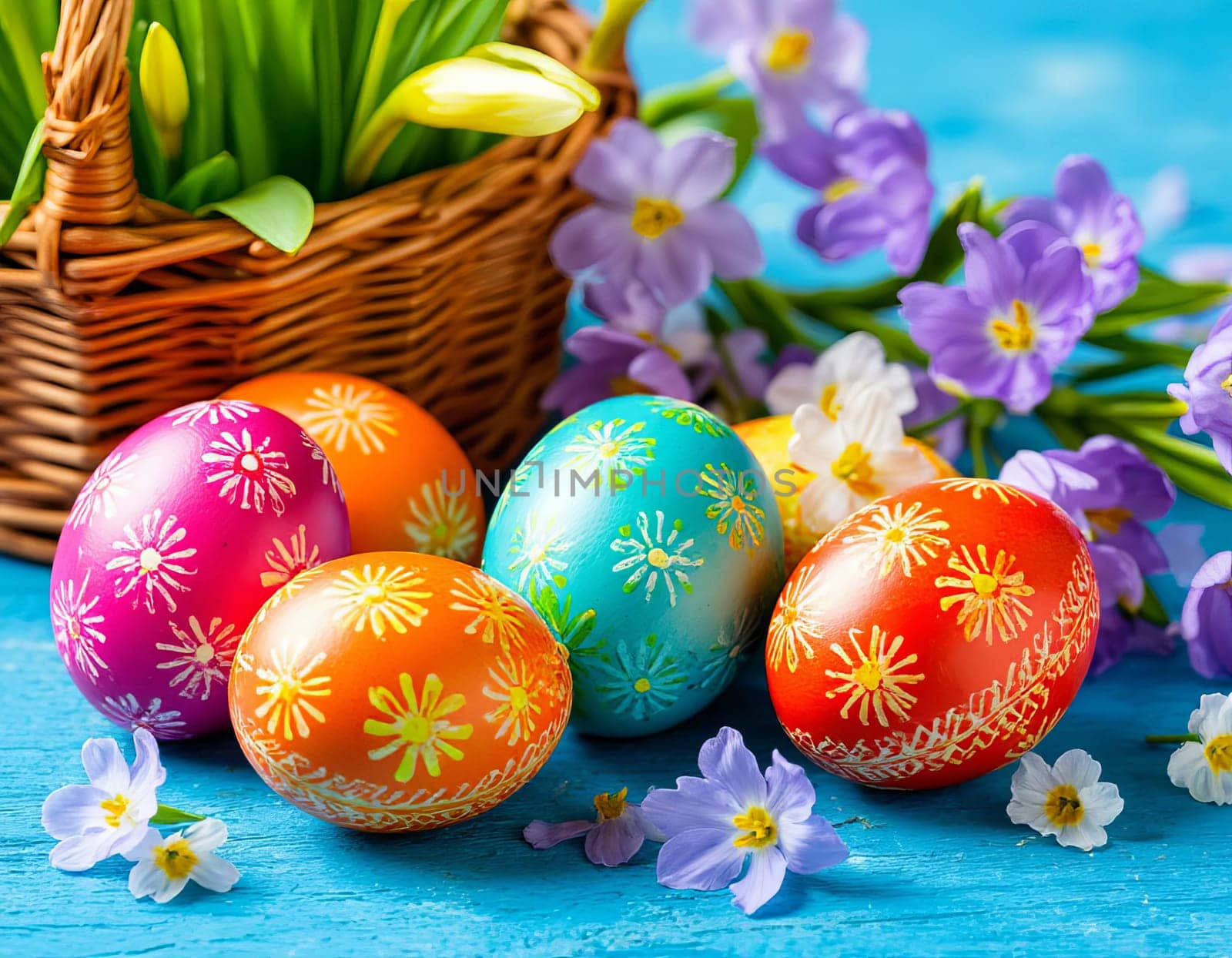 Decorated Easter eggs in a wicker basket surrounded by colorful spring flowers. The festive spirit and joy of the Easter season.