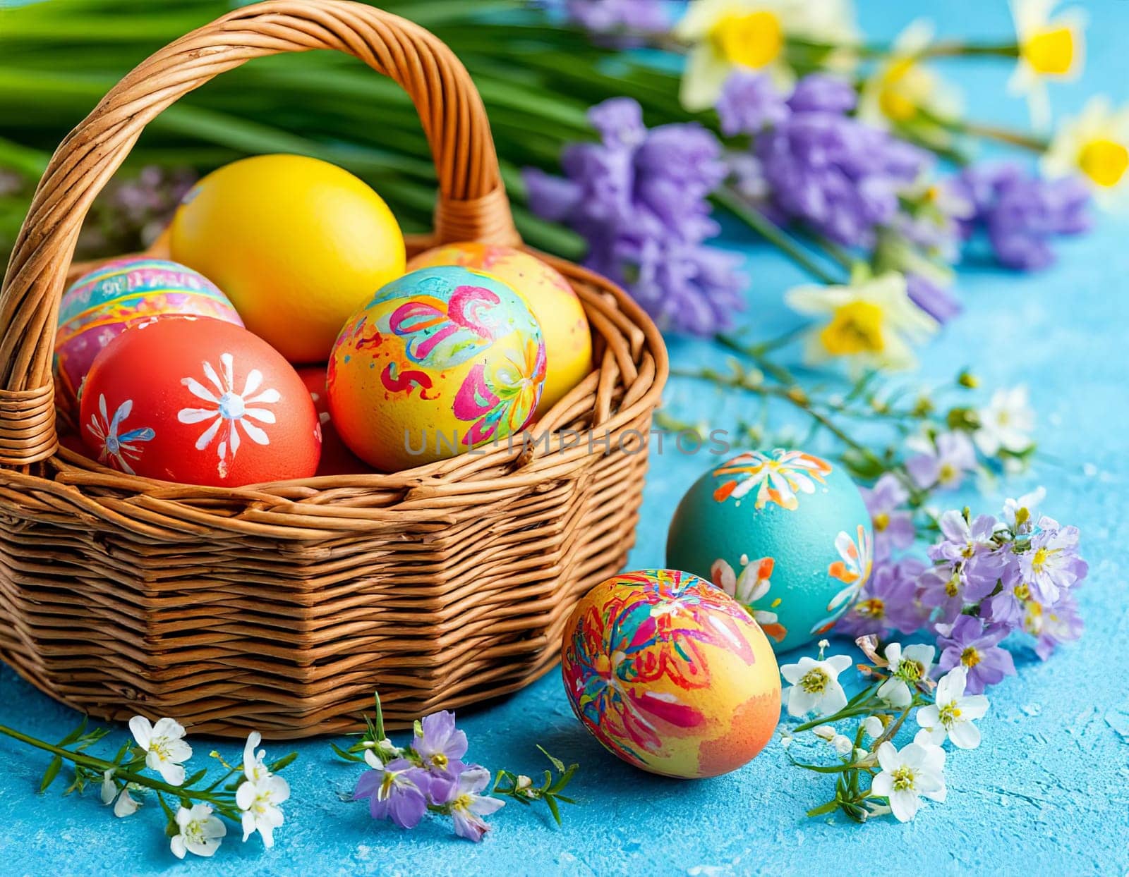 Decorated Easter eggs in a wicker basket surrounded by colorful spring flowers. The festive spirit and joy of the Easter season.