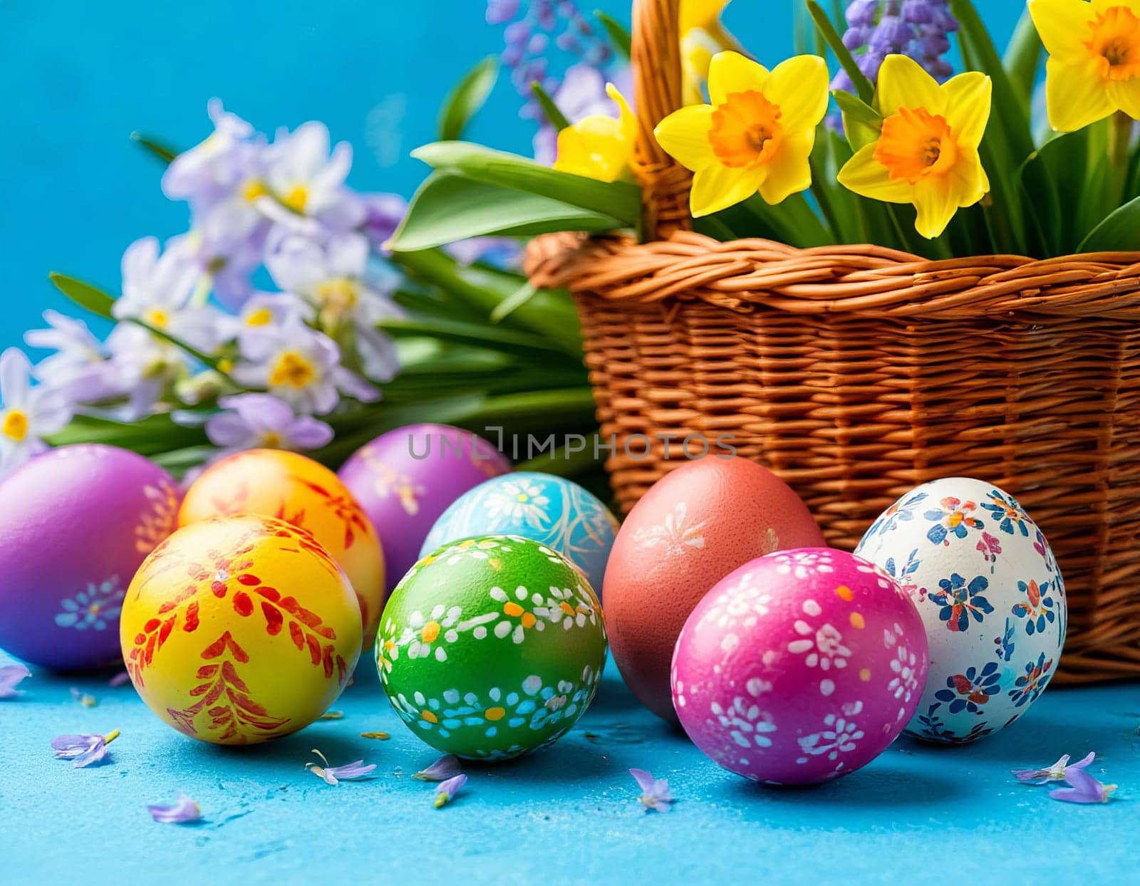 Decorated Easter eggs in a wicker basket surrounded by colorful spring flowers. The festive spirit and joy of the Easter season.