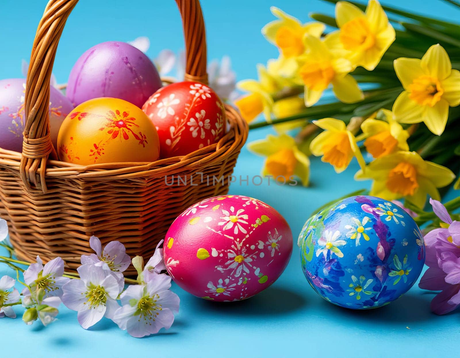 Decorated Easter eggs in a wicker basket surrounded by colorful spring flowers. The festive spirit and joy of the Easter season.