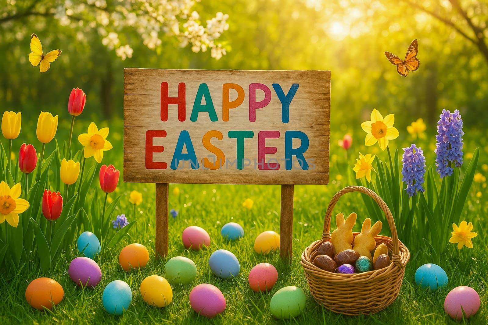 Cheerful Easter scene with wooden “Happy Easter” sign, pastel eggs, tulips, daffodils and a basket of chocolate and bunny cookies. Bright outdoor garden filled with spring joy