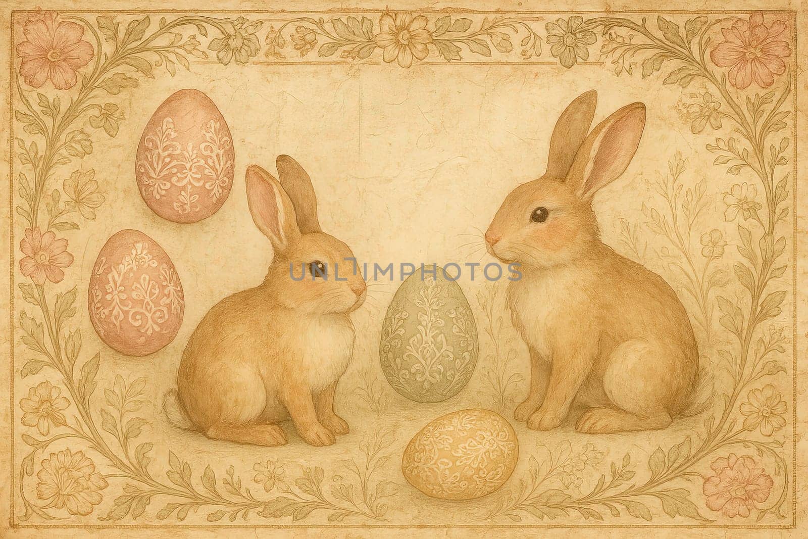 Elegant vintage-style Easter background with hand-painted rabbits, ornate floral decorations and pastel lace eggs. Muted parchment texture, perfect for greeting cards and seasonal invitations
