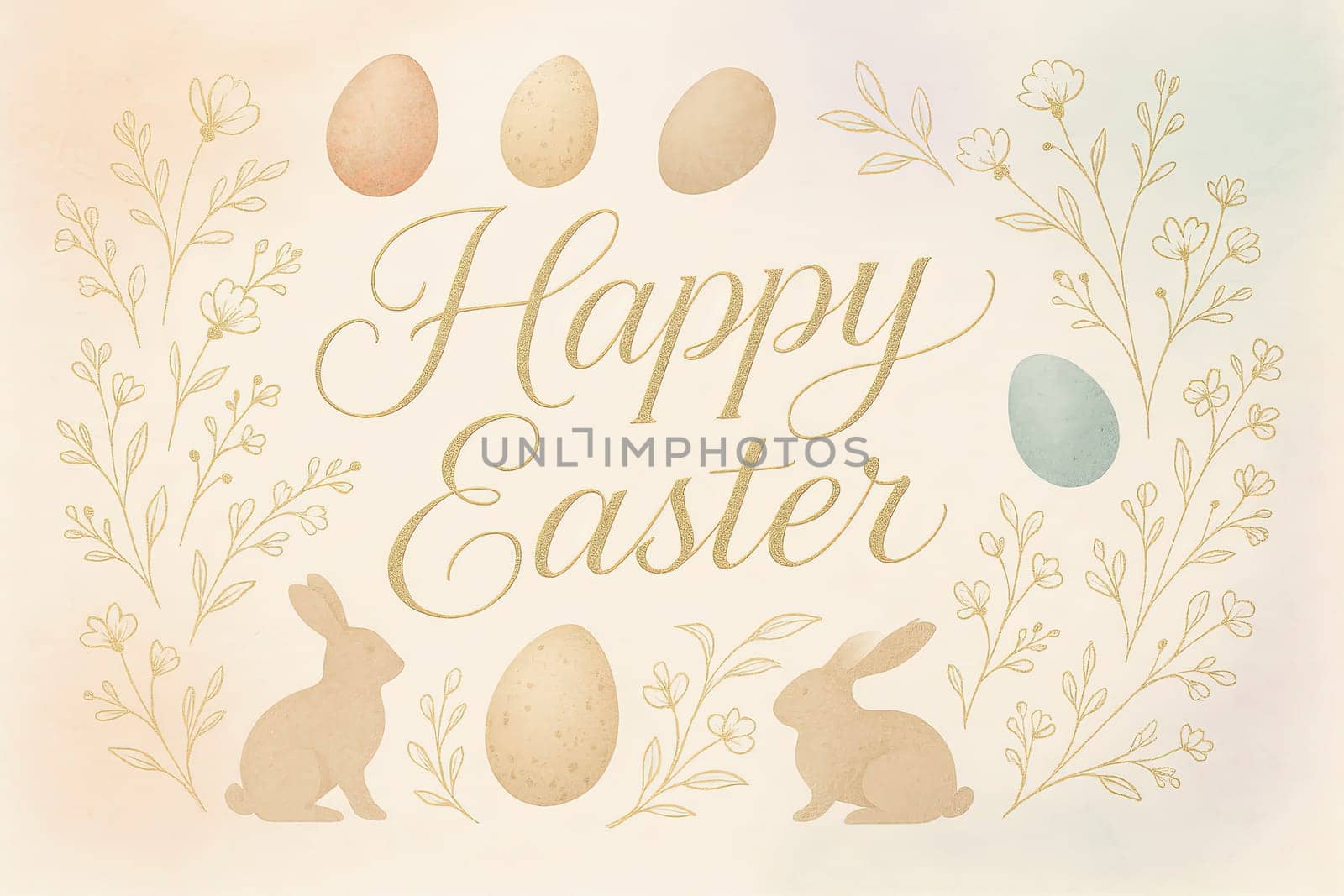 Sophisticated Easter greeting card with golden “Happy Easter” calligraphy, delicate flowers, pastel eggs and bunny silhouettes. Minimalist watercolor background in peach, mint and lavender.