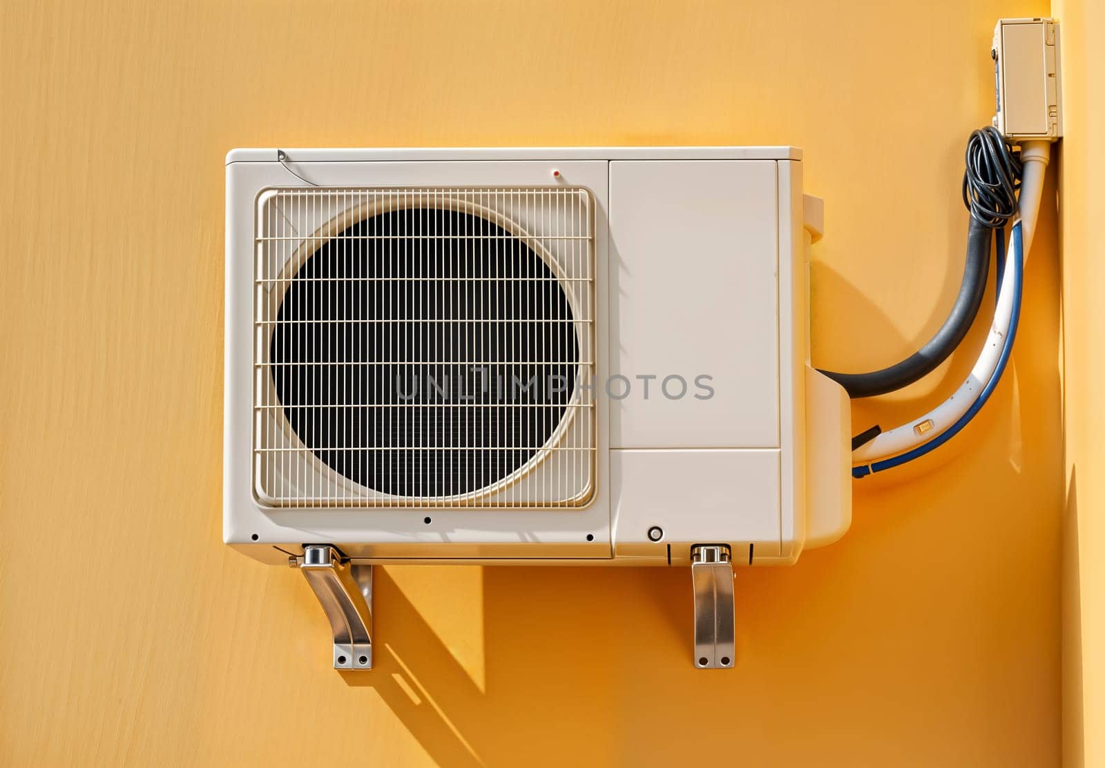 Outdoor air conditioning system mounted on a yellow wall. Concept of energy efficiency, modern climate control, and summer cooling solution. Clean and minimal design.