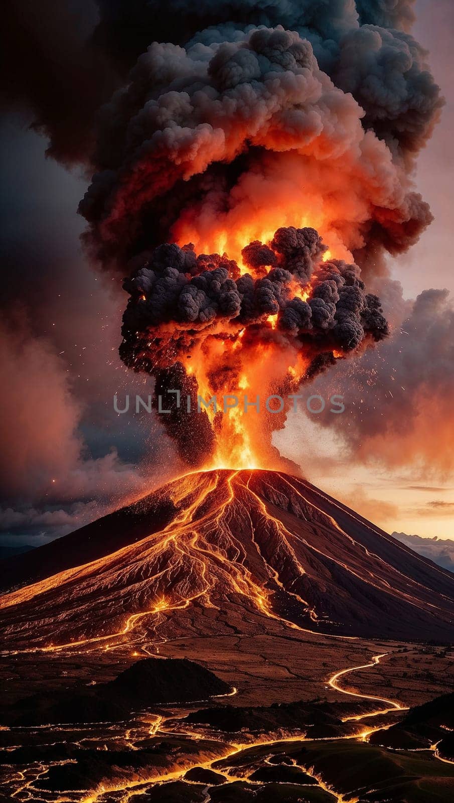 captivating scene of an active volcanic eruption, showcasing molten lava, smoke plumes, and fiery glow beneath a dramatic evening sky, exuding intense energy and natural grandeur. Iceland volcano